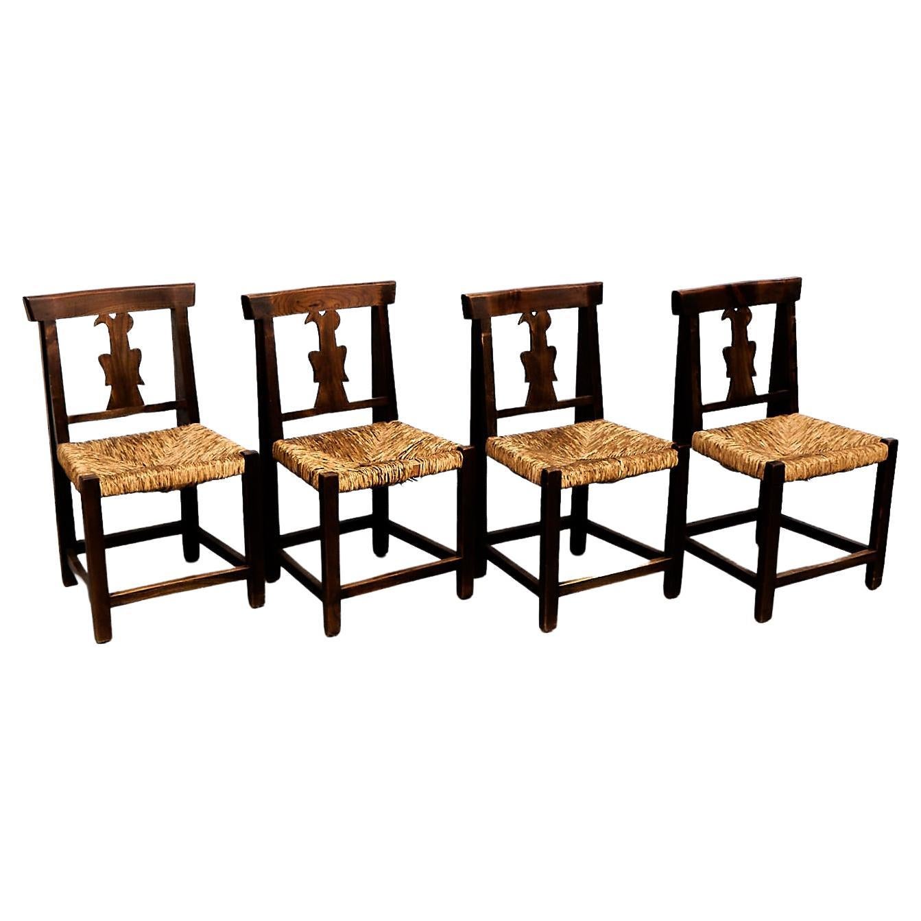 Set of Four Rustic Wood French Chairs, circa 1950