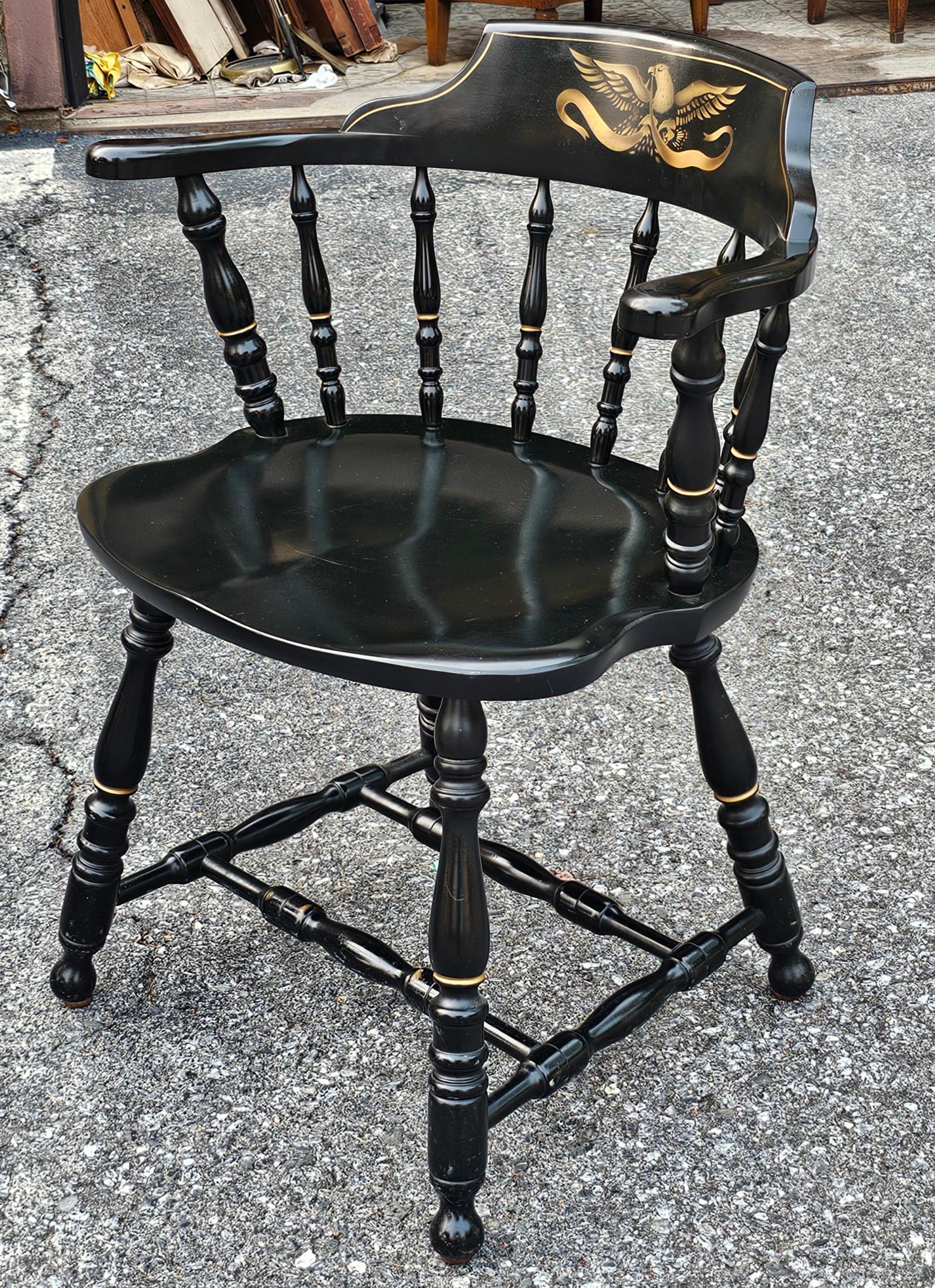 Enamel Set of Four S. Bent & Bros. Ebonized and Eagle Gilt Stencil Windsor Chairs For Sale