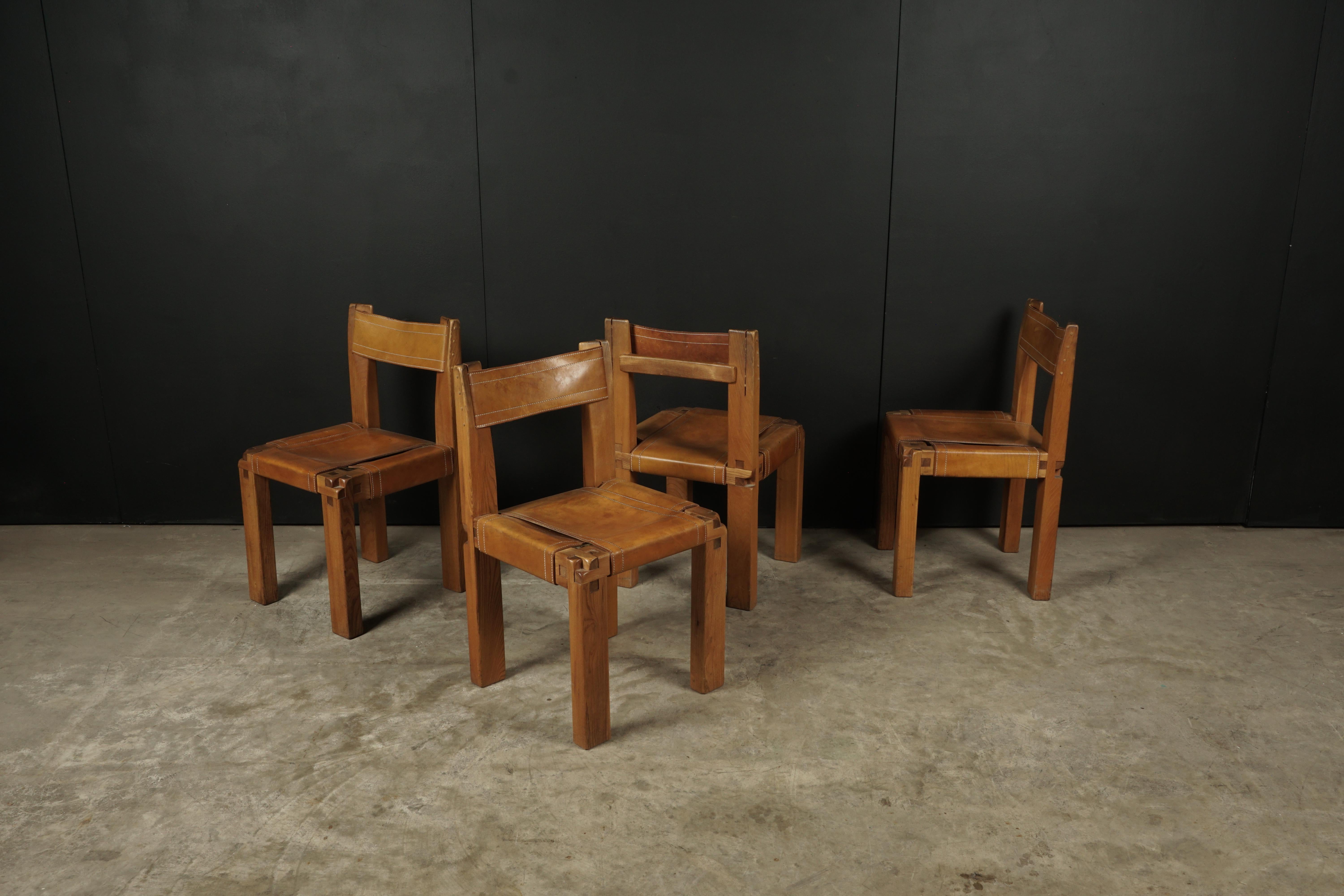 European Set of Four S11 Chairs by Pierre Chapo, France, circa 1960