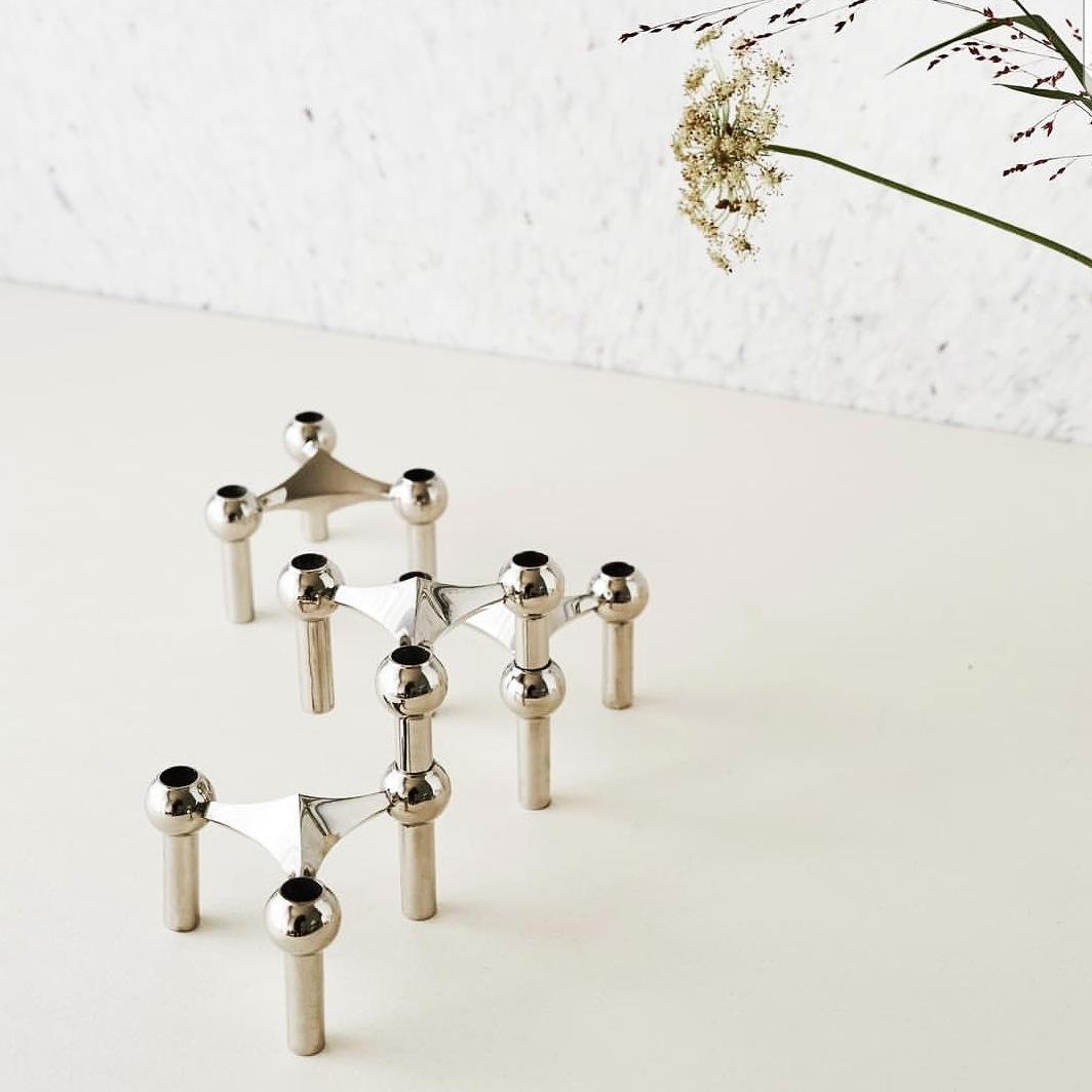 Four vintage chrome-plated stacking candleholders designed by Ceasar Stoffi and Fritz Nagel in Germany, 1965. Stack them in various ways with many possibilities. Not only useful as candleholders but also a fantastic piece of art!