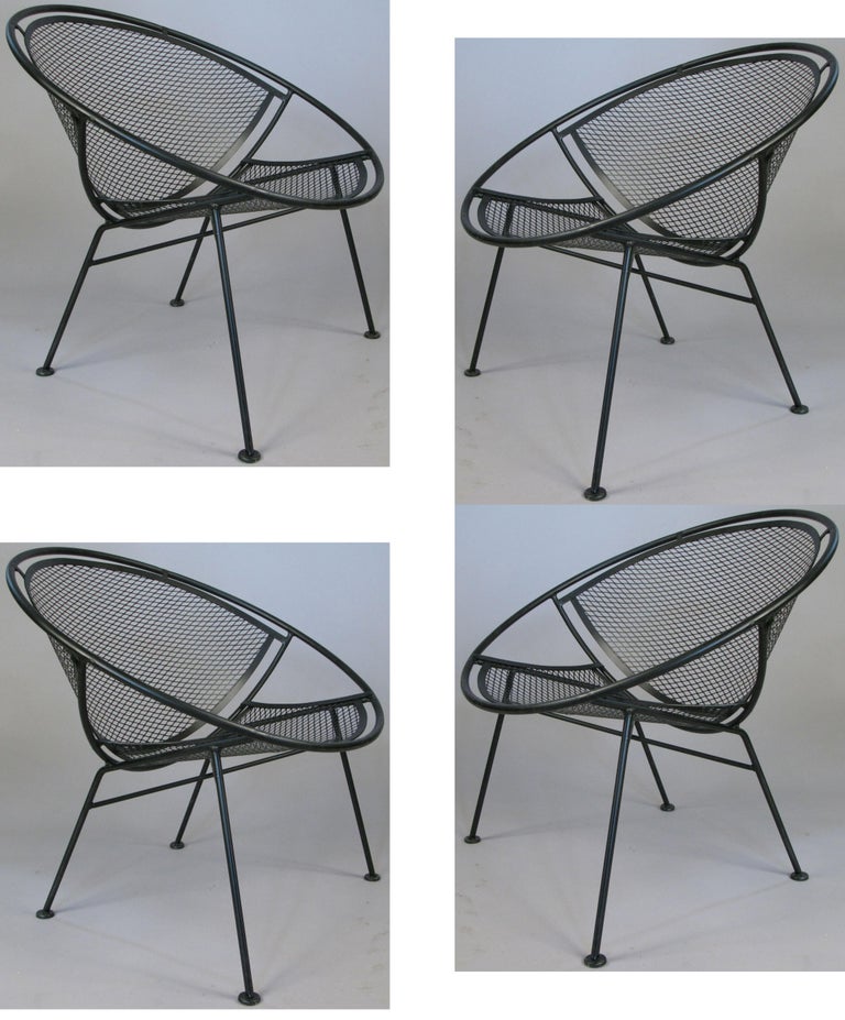 Mid-Century Modern Set of Four Salterini Radar 1950's Wrought Iron Lounge Chairs