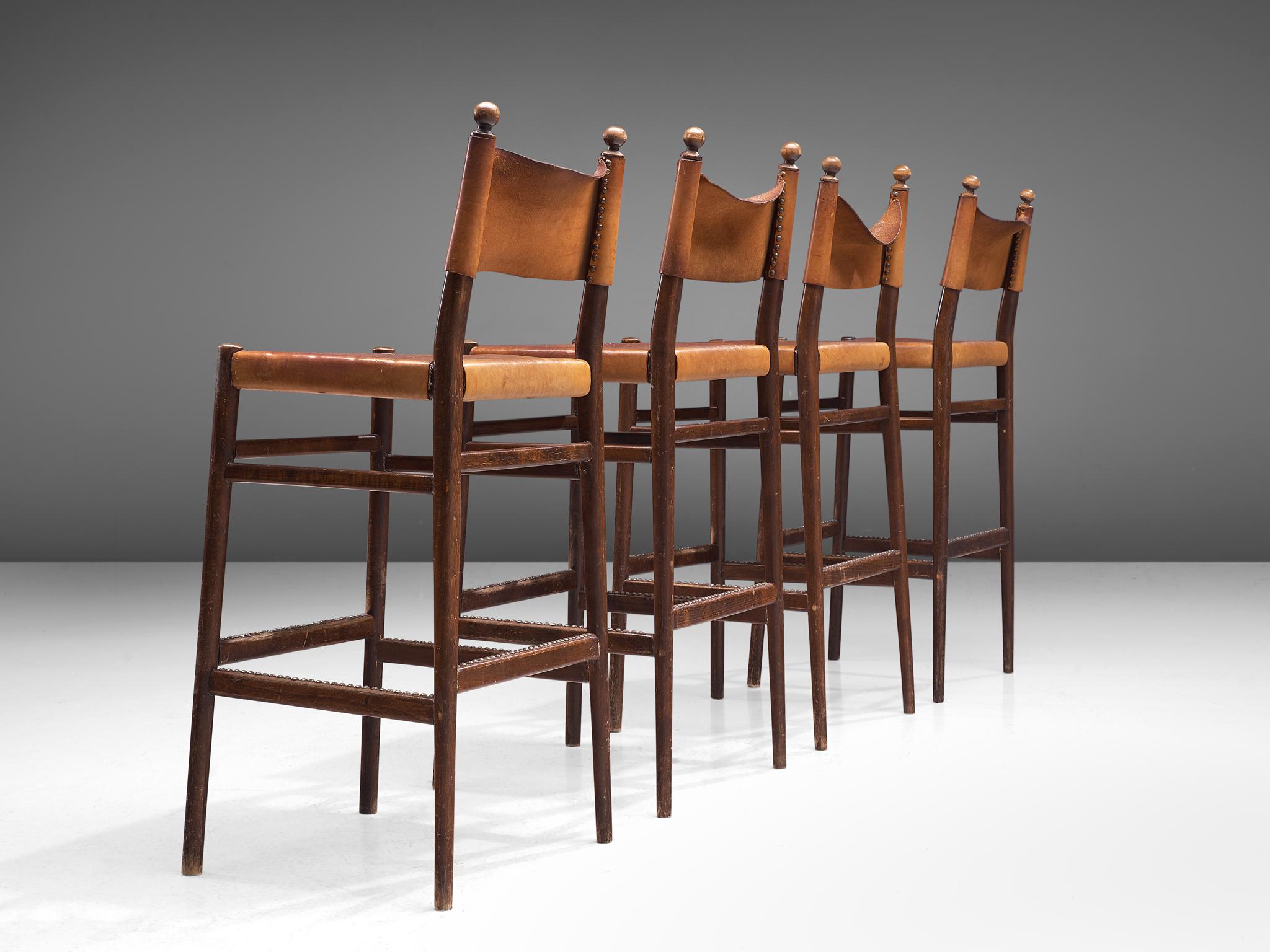 Set of Four Scandinavian Barstools in Patinated Cognac Leather 2