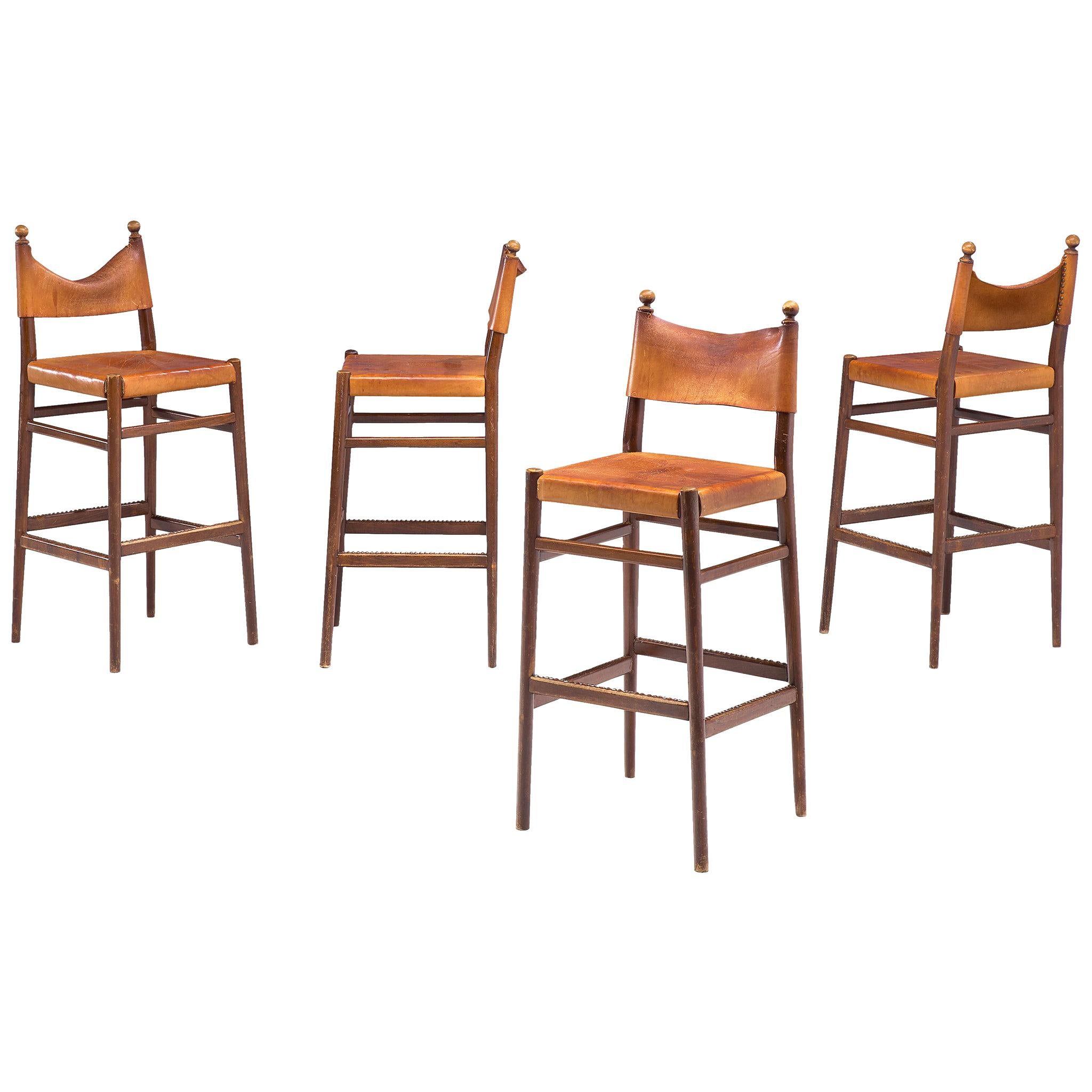 Set of Four Scandinavian Barstools in Patinated Cognac Leather