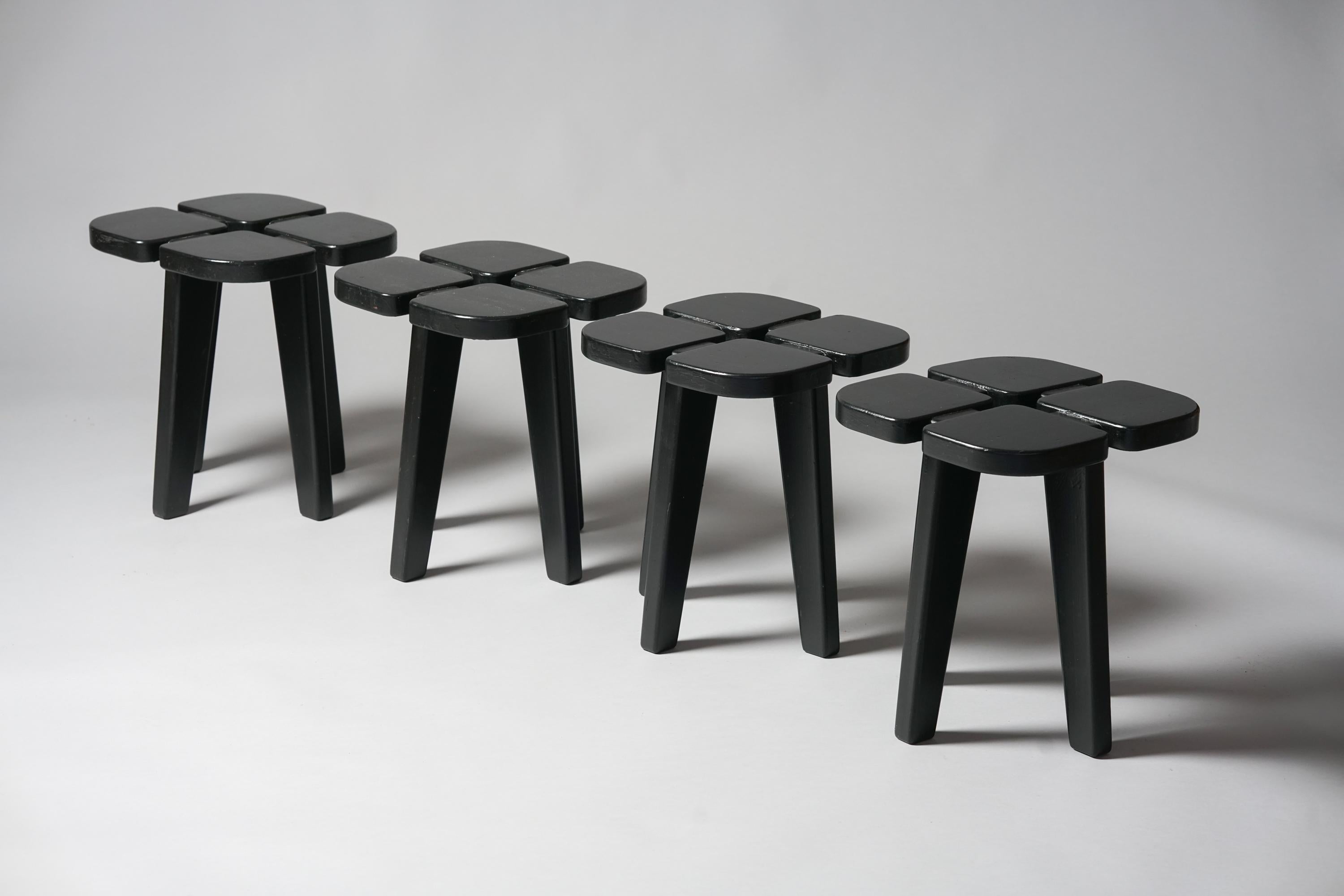 Set Of four Scandinavian Modern stools model Apila by Rauni Peippo for Keravan Puusepät Oy Finland from the 1950s/1960s, birch. Later painted black. Good vintage condition, minor wear consistent with age and use. The Stools are sold as a set.