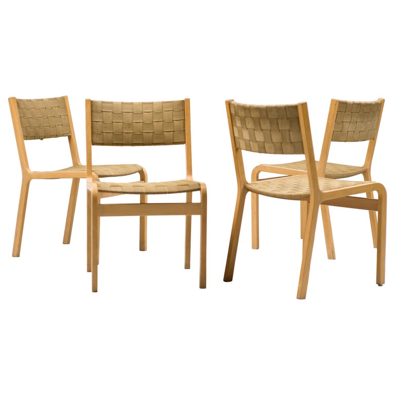 Set of Four Scandinavian Woven Canvas Strap Dining Chairs For Sale at
