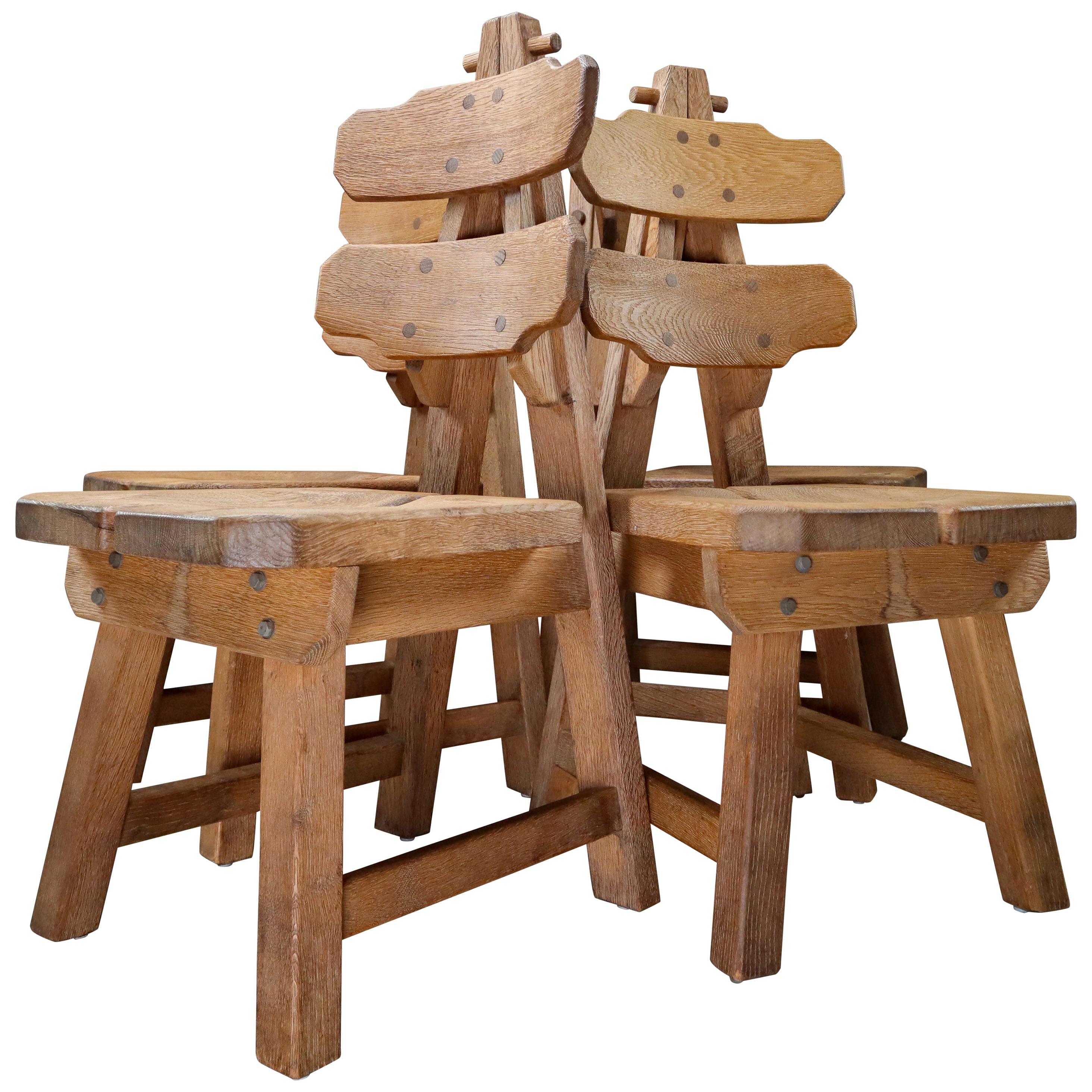Set of Four Sculptural Chairs in Oak, France, 1960s