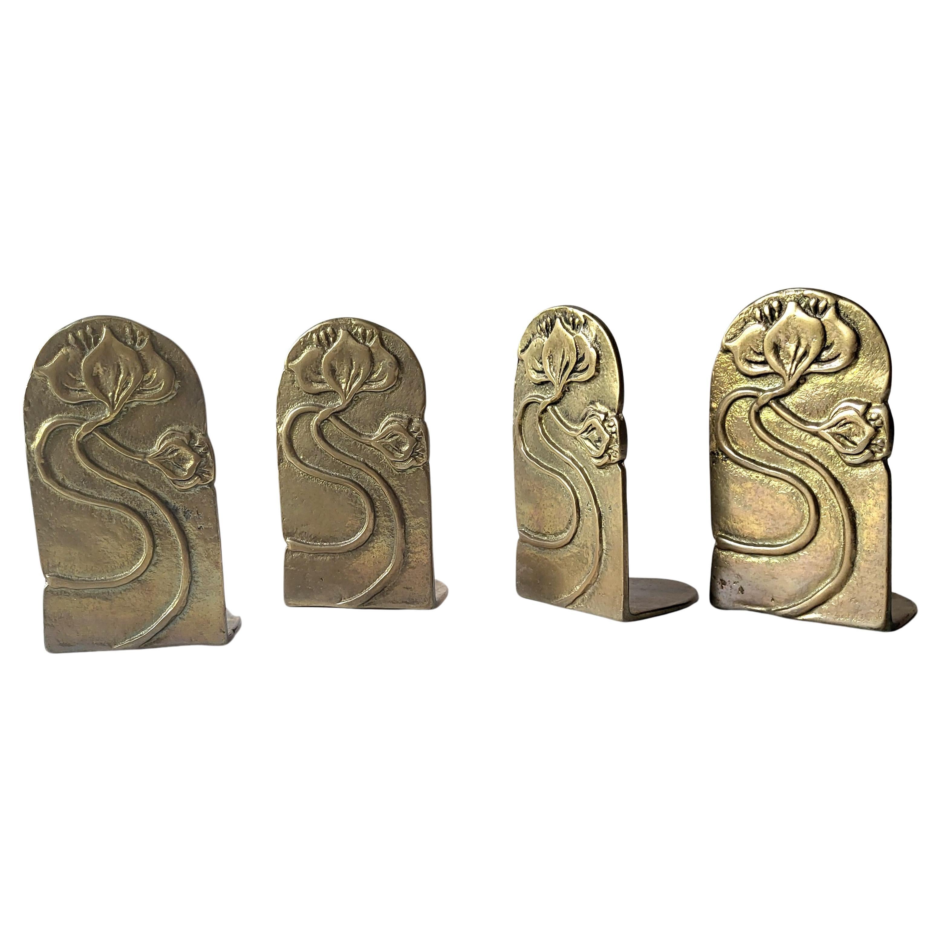 Set of Four Sculptural German Art Nouveau Brass Bronze Bookends 1900 For Sale