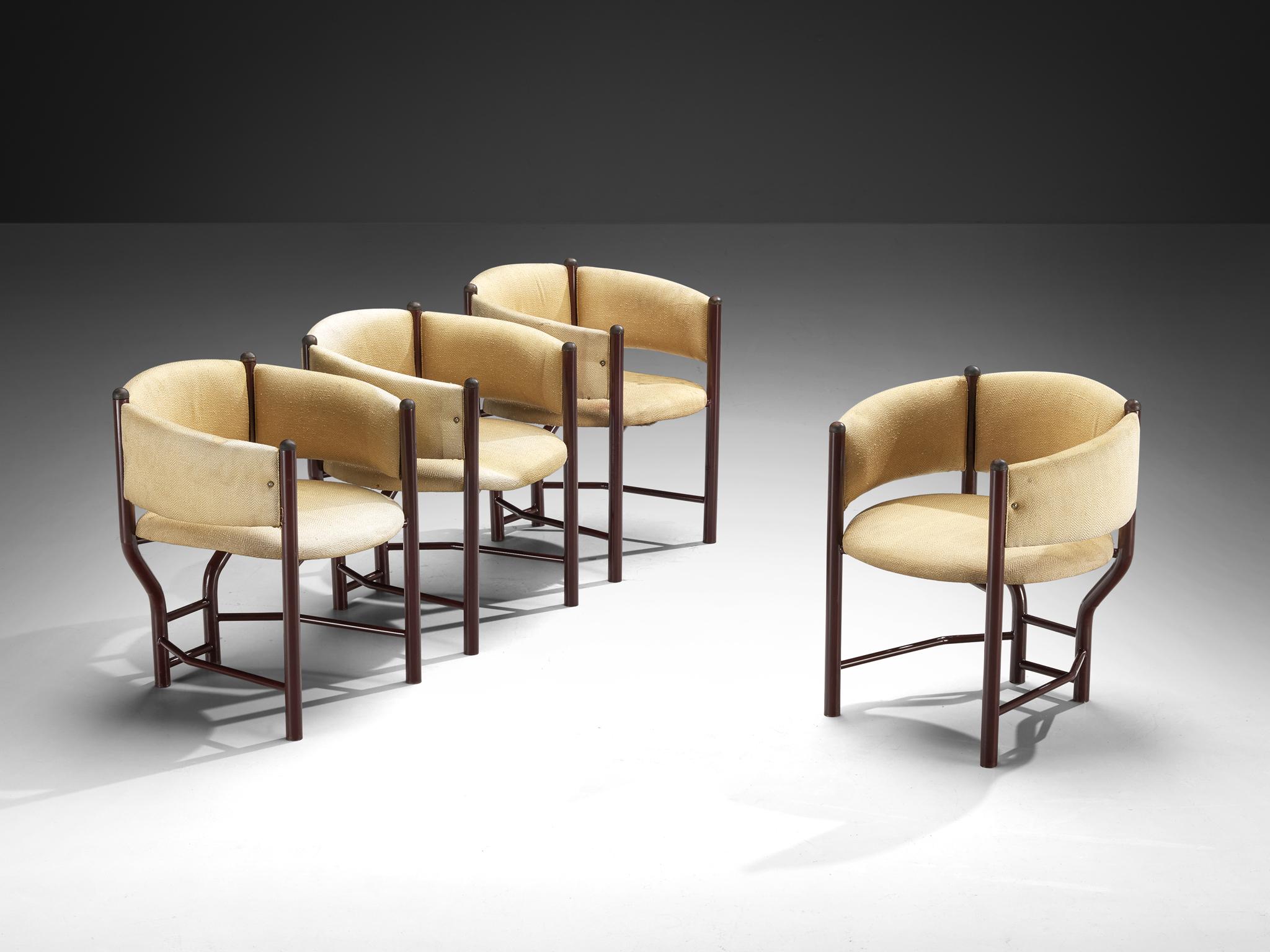 Set of four dining chairs, fabric, coated steel, wood, Italy, 1960s

These Italian-designed armchairs are characterized by their striking sculptural silhouette, featuring sculpted lines and sharply angled contours. The backrest elegantly curves into