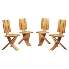 Set of Four Sculptural Oak Tripod Chairs by Ebénisterie Seltz, France, 1970s