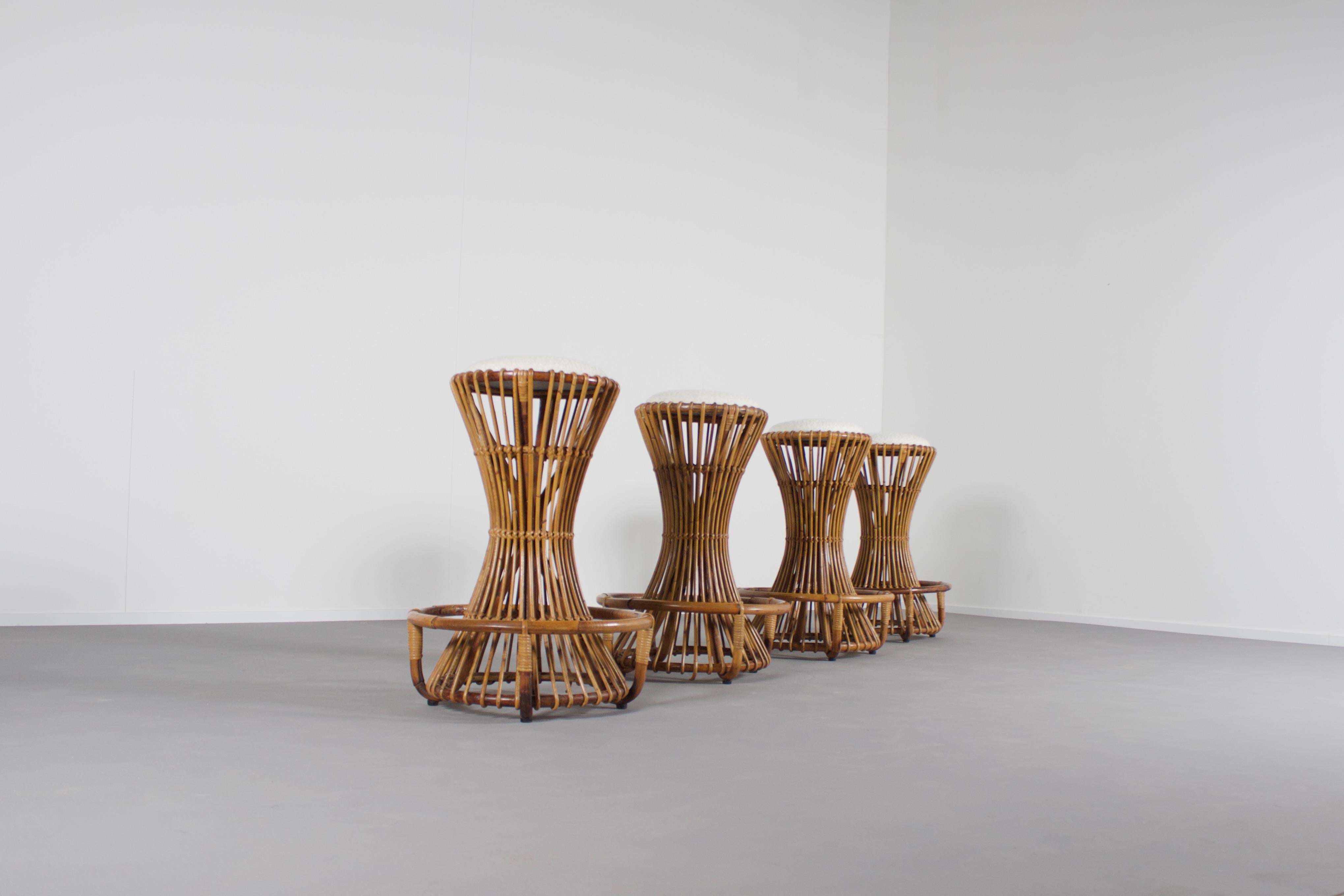 Italian Set of Four Sculptural Rattan Bar Stools by Tito Agnoli for Bonacina, Italy