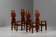 Set of Four Sculptural Solid Elm Dining Chairs with Carved Split Back, 1960s