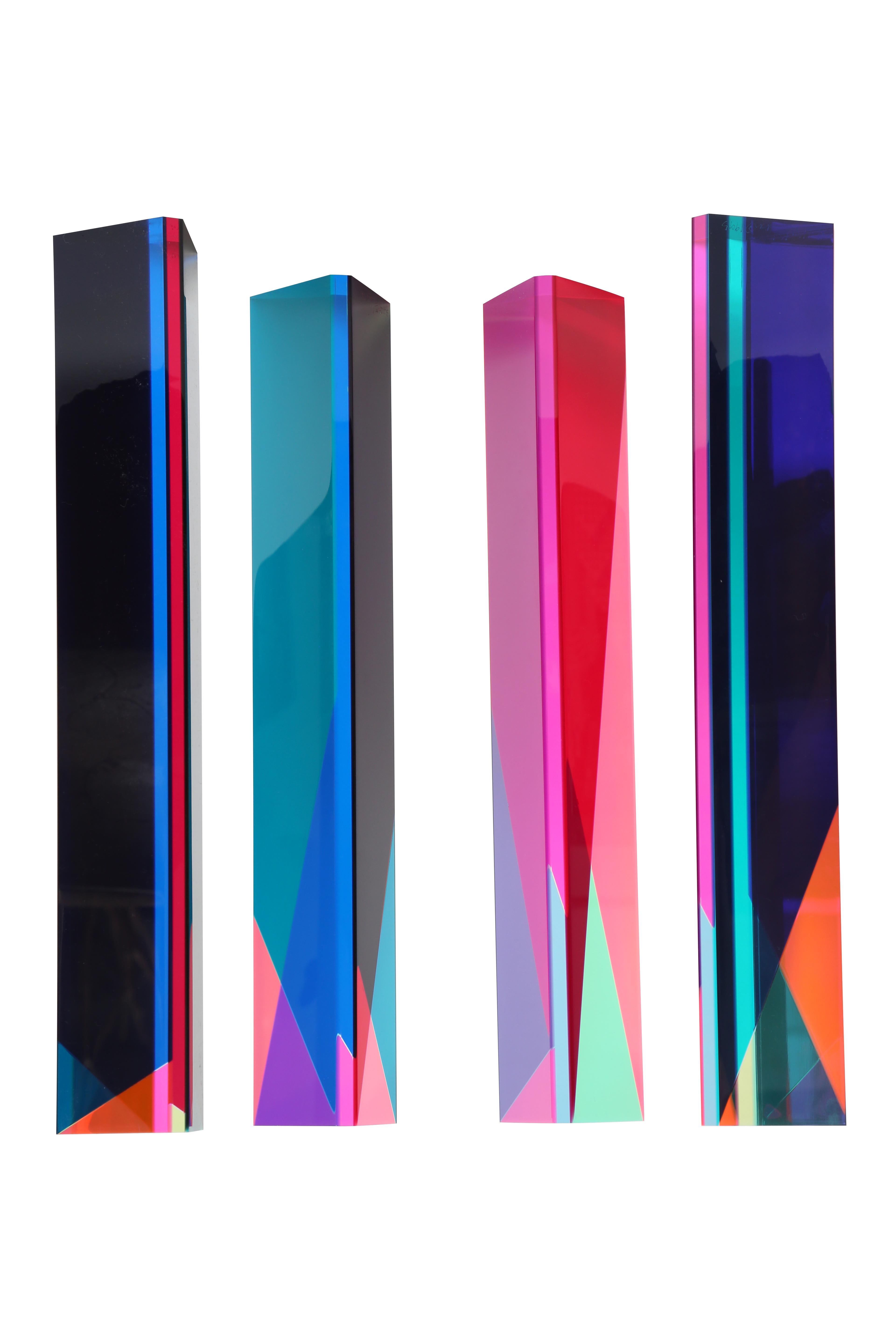 Amazing set of four tower sculptures by Vasa, all four are signed and 
dated 1994.The sculptures change color with the direction of light and placement. Sold as a set ,20