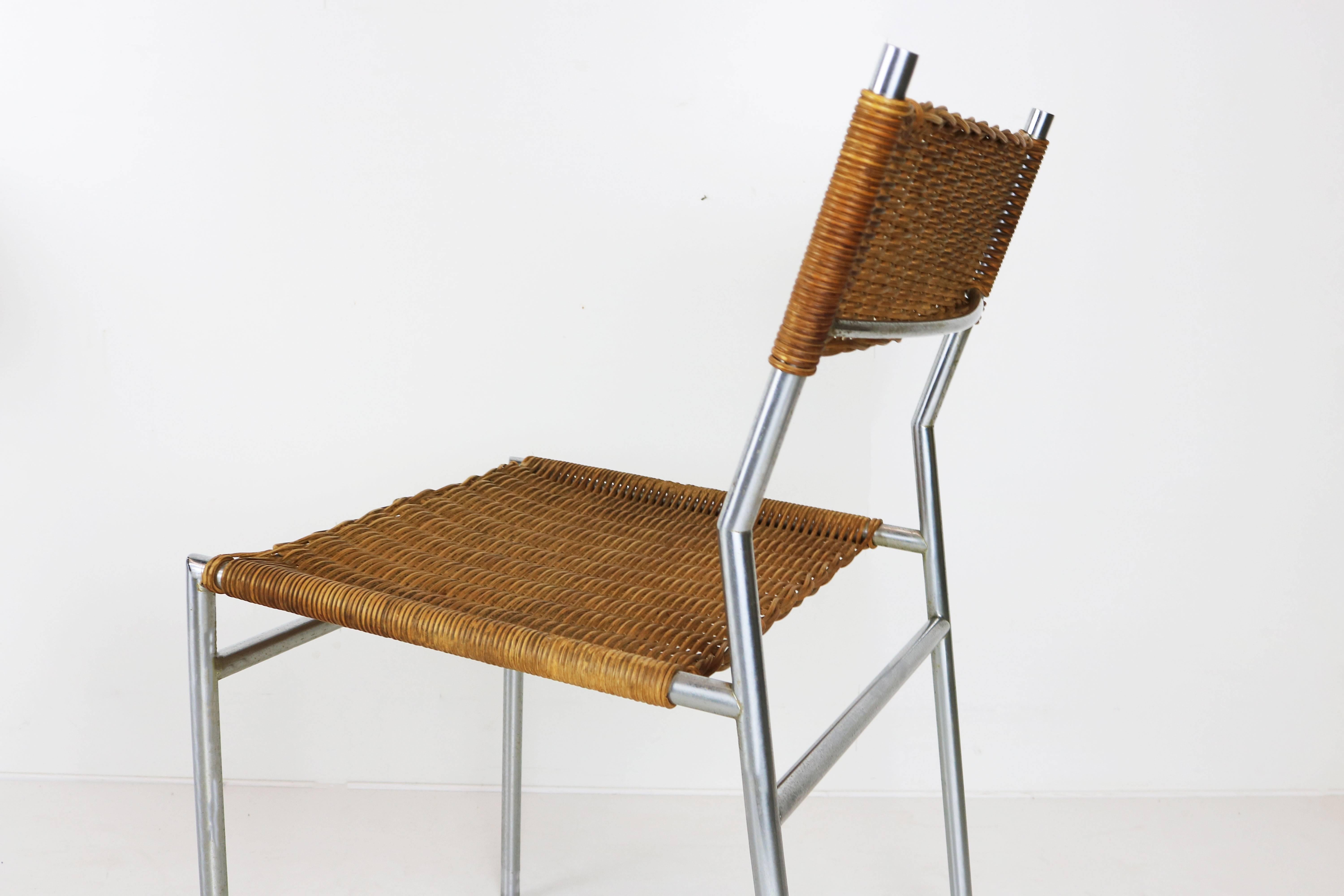 Set of Four SE06 Chairs by Martin Visser for 't Spectrum, 1962 Chrome Rattan 1