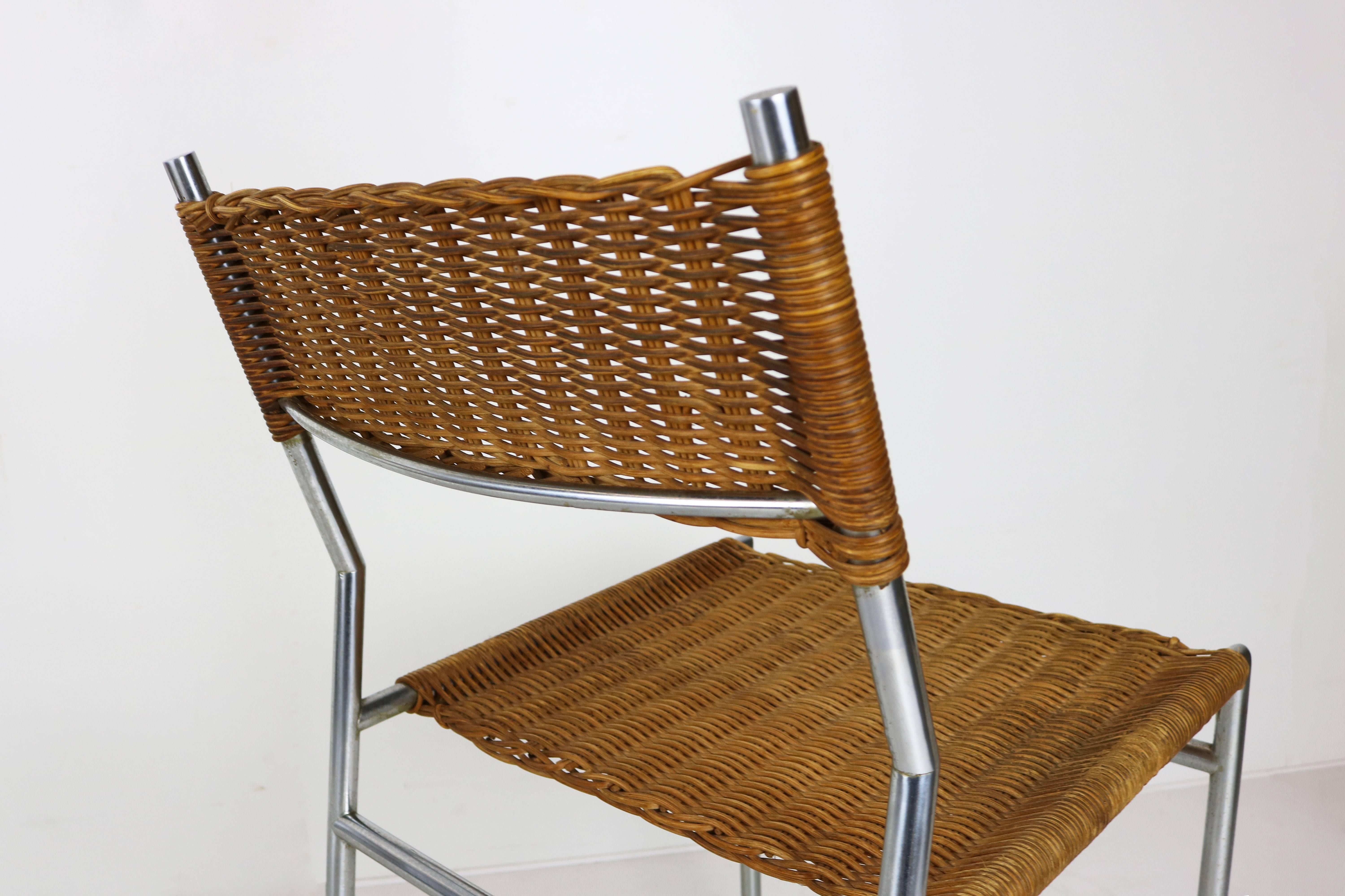 Set of Four SE06 Chairs by Martin Visser for 't Spectrum, 1962 Chrome Rattan 2