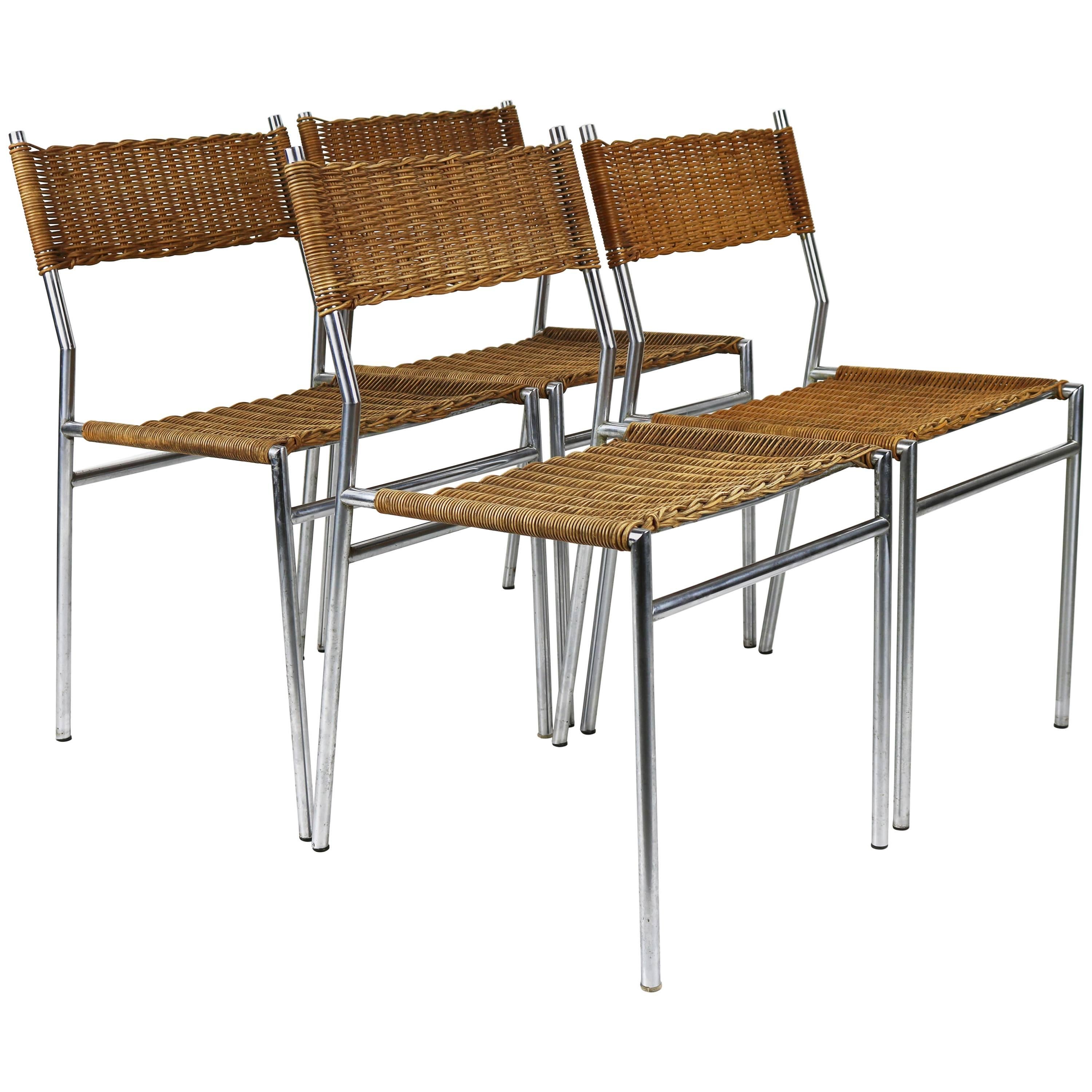 Set of Four SE06 Chairs by Martin Visser for 't Spectrum, 1962 Chrome Rattan