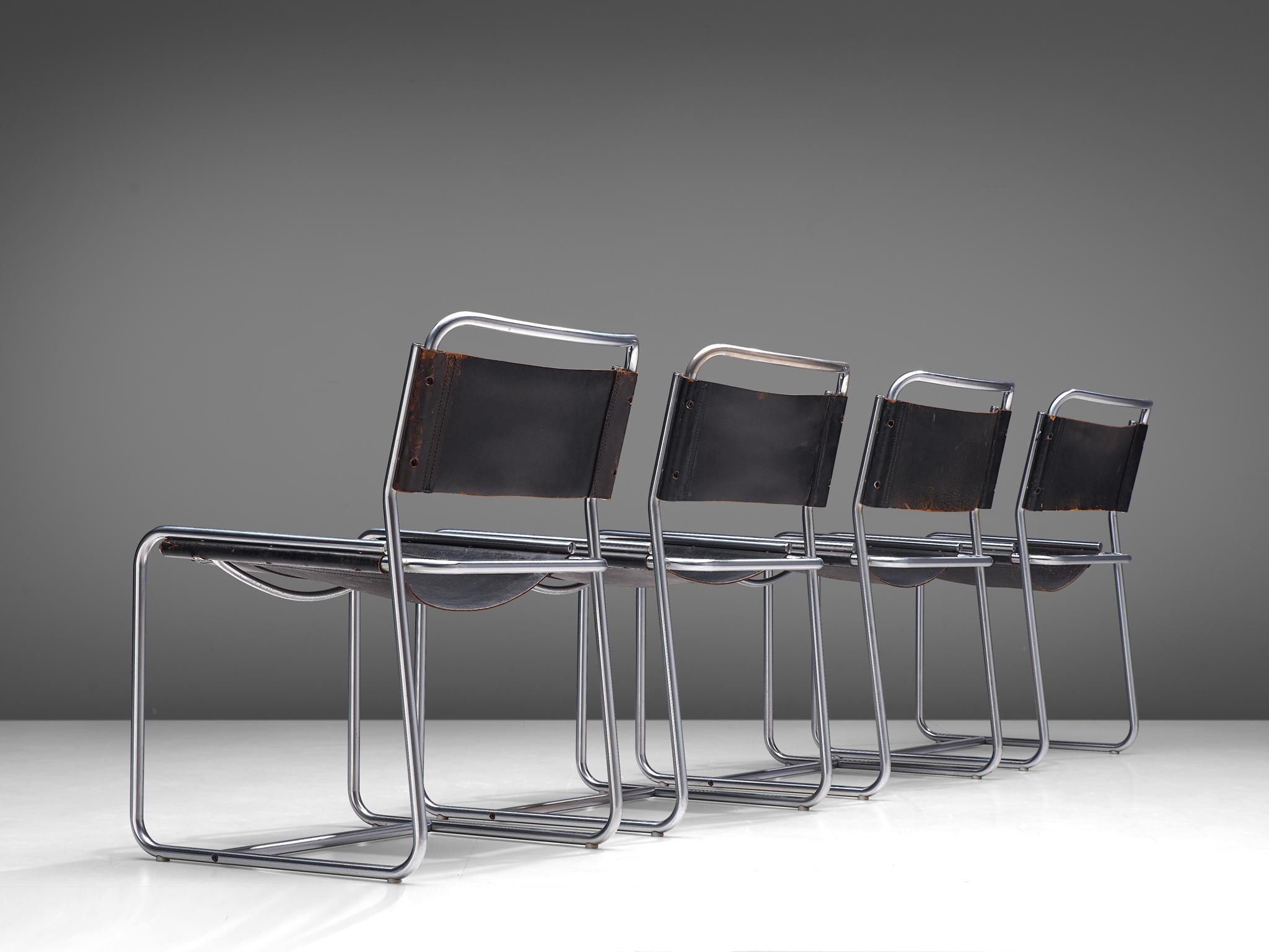 Mid-Century Modern Set of Four 'SE18' Chairs with Black Leather for 't Spectrum, 1970s