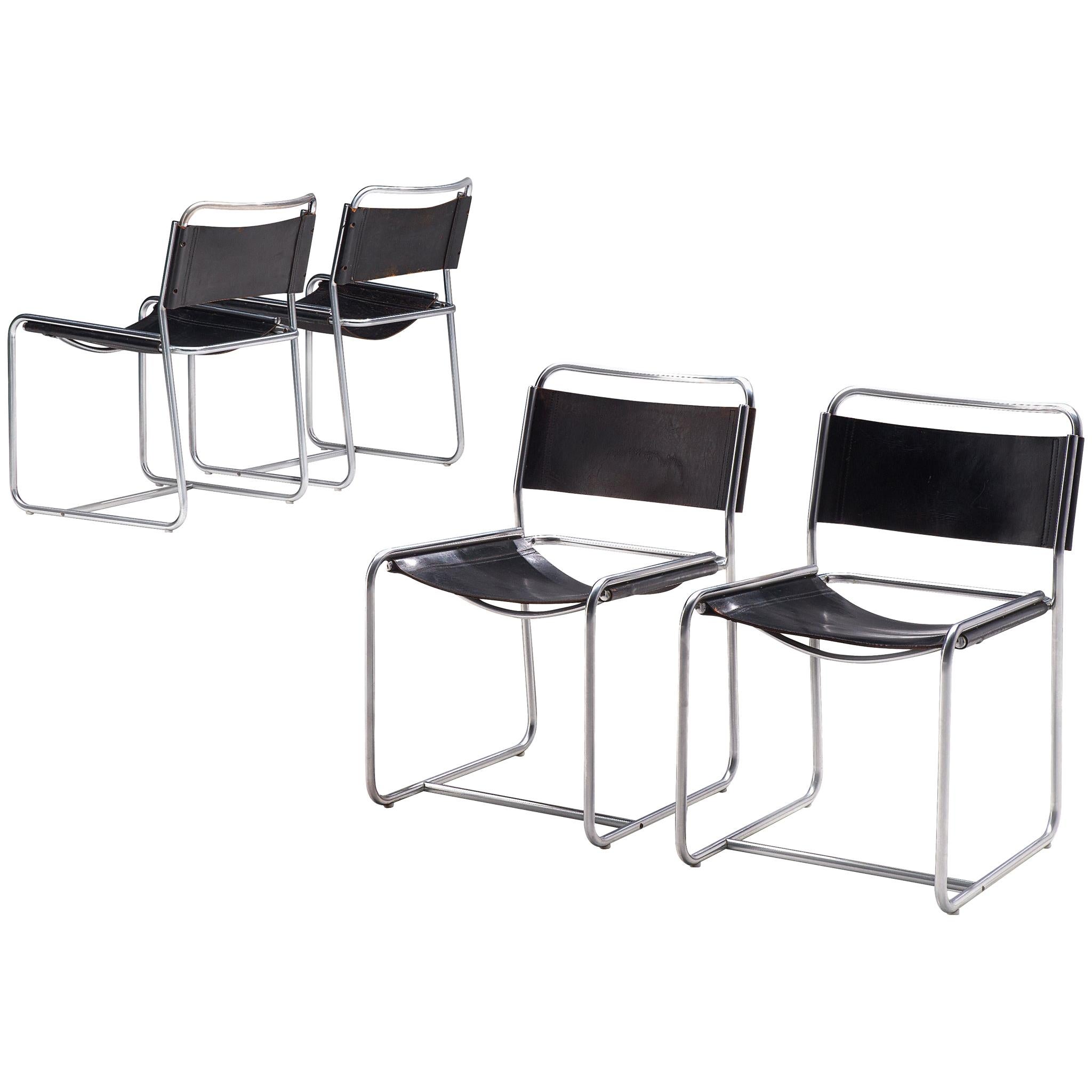 Set of Four 'SE18' Chairs with Black Leather for 't Spectrum, 1970s