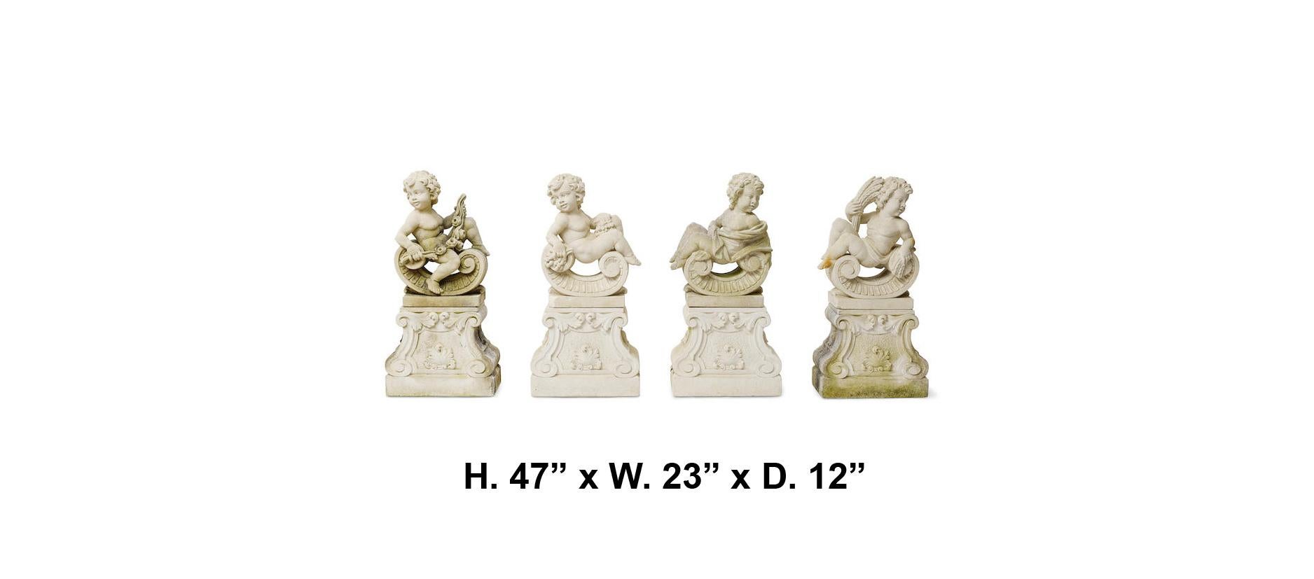 Impressive Italian set of four carved stone figures of putti, mid-20th century
20th century
Each finely carved Vicenza stone, depicting the Four seasons
Each on an associated plinth.
Vicenza stone comes from limestone formed both by the collapse