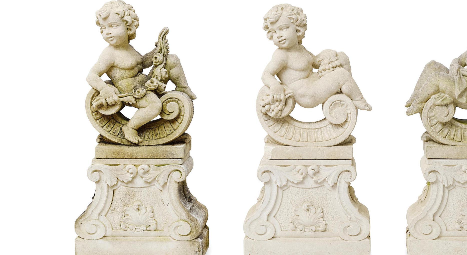 Hand-Carved Set of Four Season Carved Stone Figures of Putti, Mid-20th Century