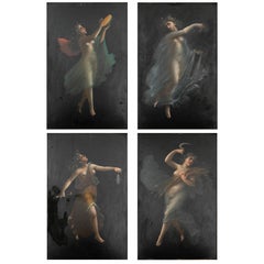 Set of Four Seasonal Allegory Paintings Dancing Women in Gilded Frames