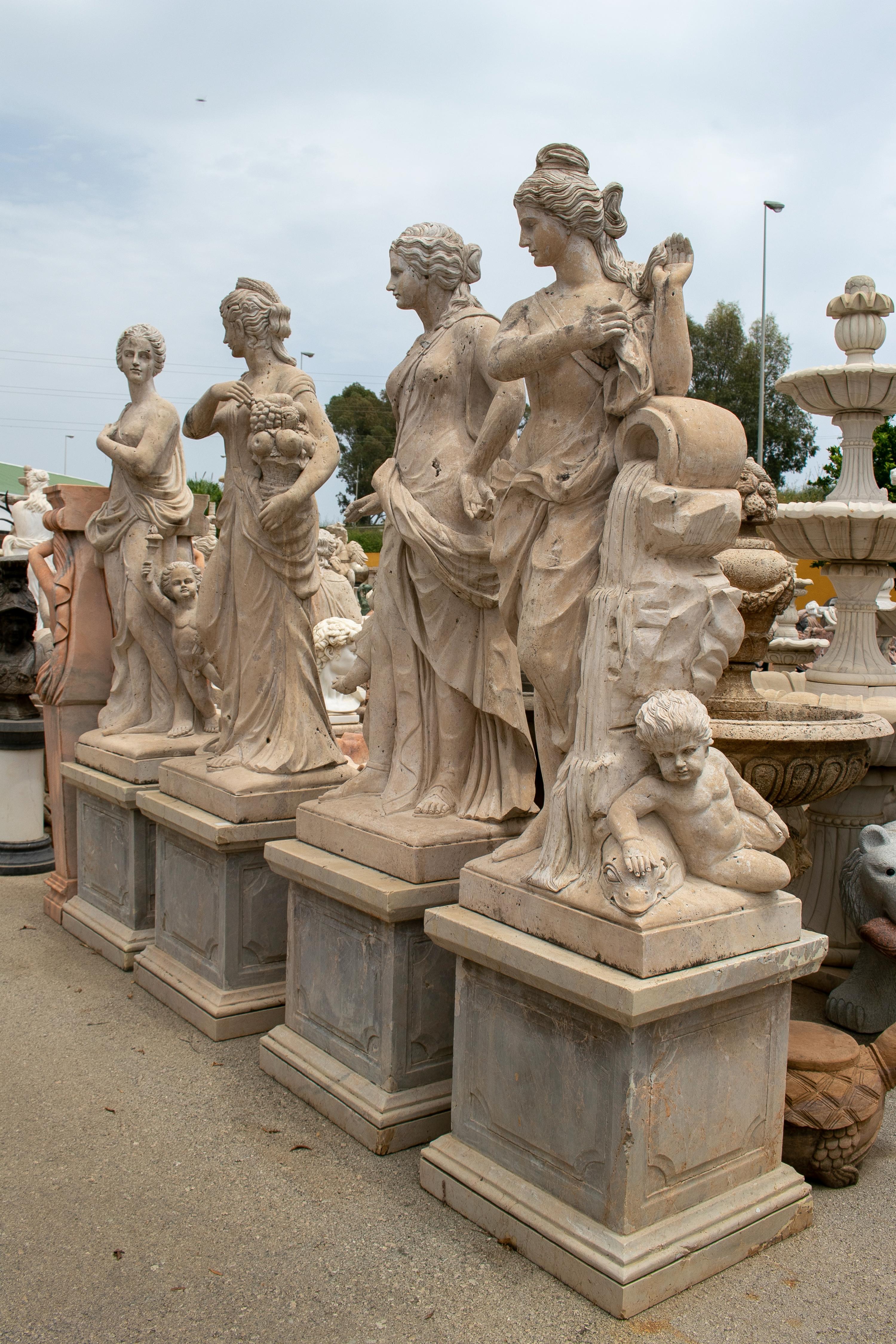 Set of four seasons hand carved travertine marble sculptures with bases.

Measure: Sculptures height 190 cm.