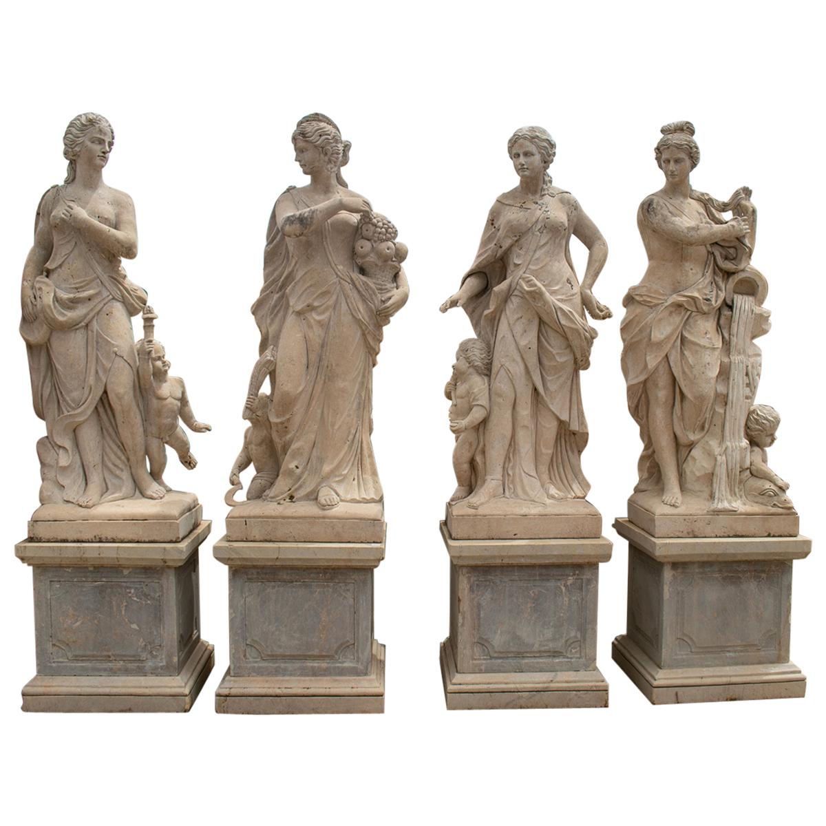 Set of Four Seasons Hand Carved Travertine Marble Sculptures with Bases
