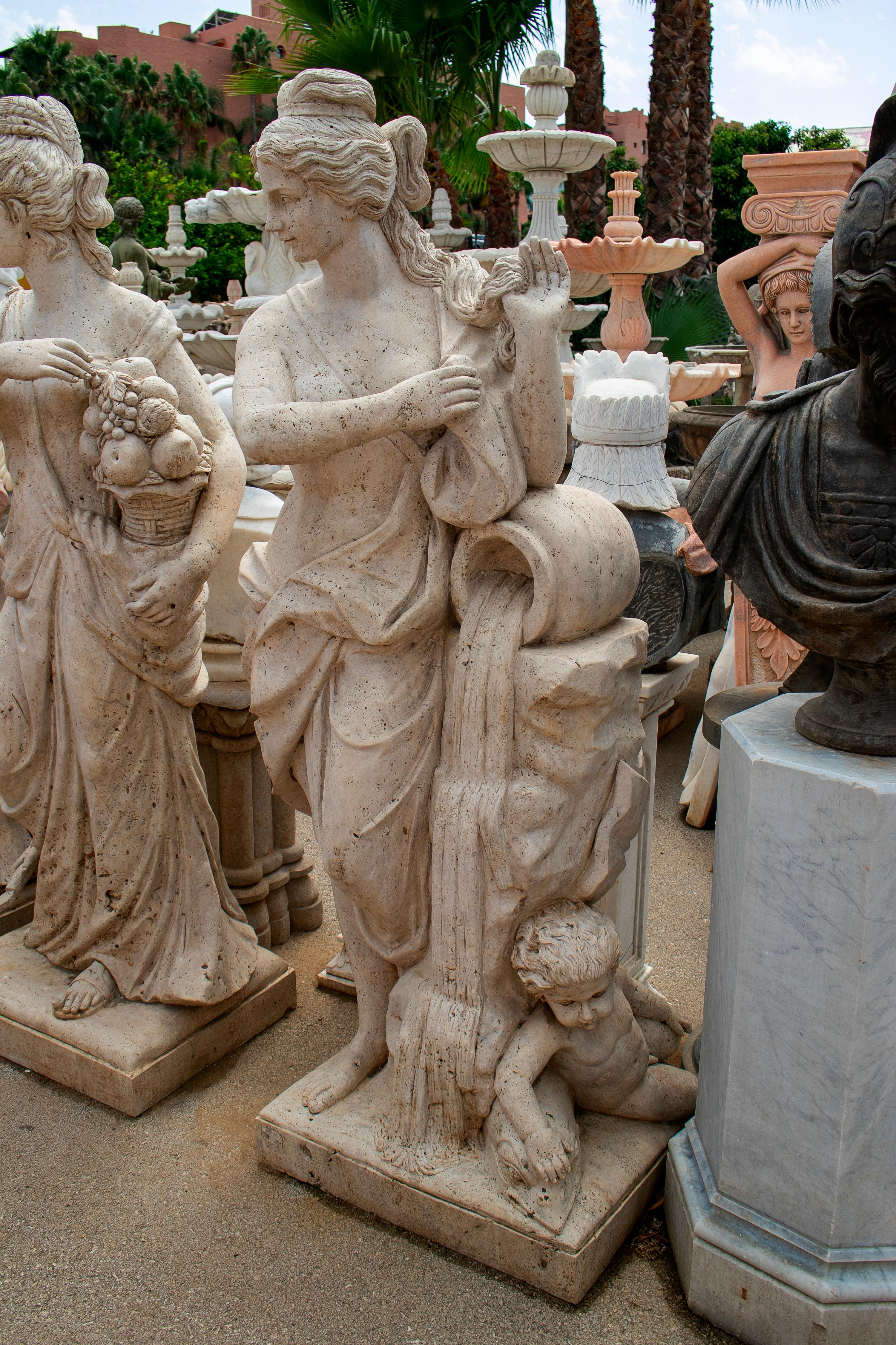 Hand-Carved Set of Four Seasons with Children Hand Carved in Romano Travertine Marble