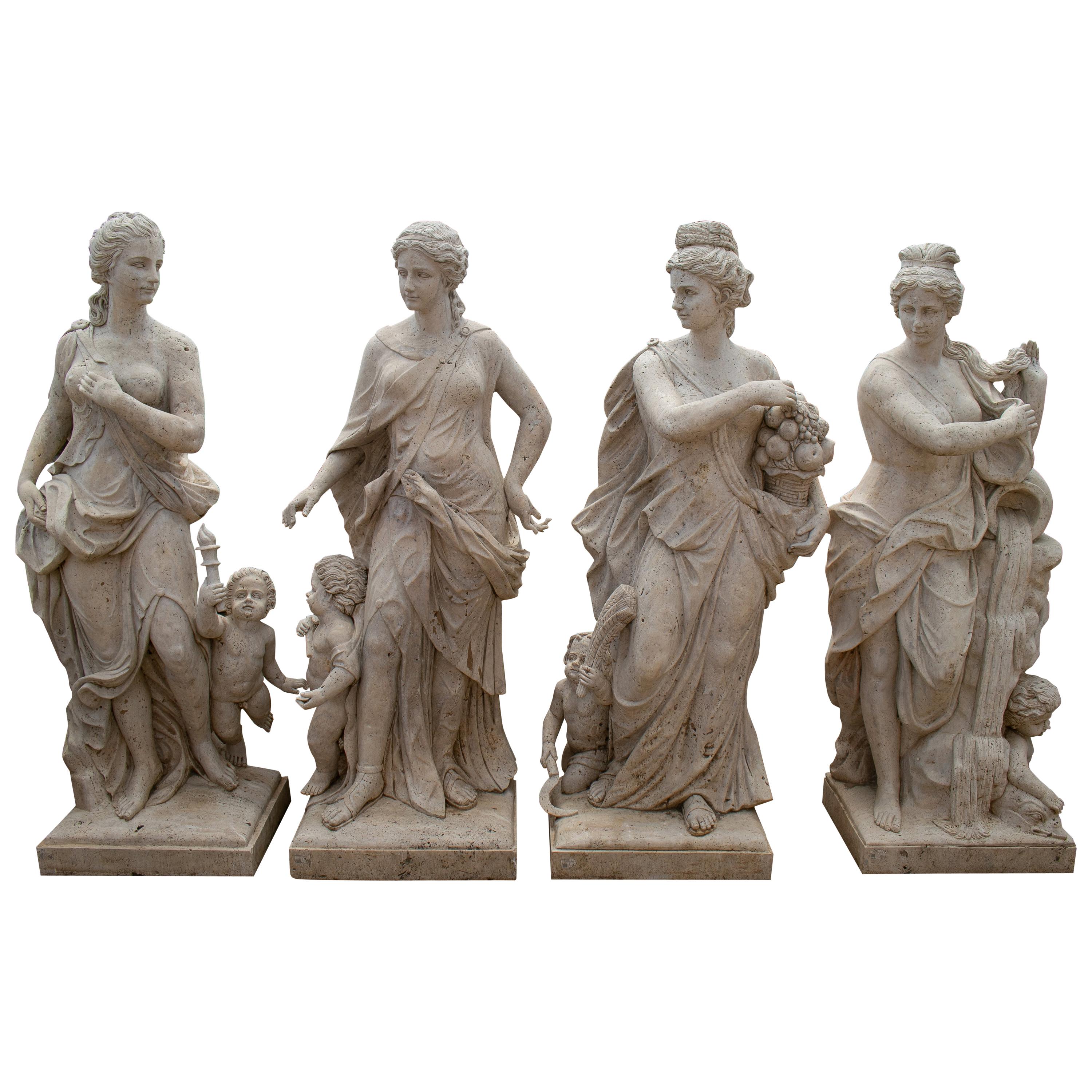 Set of Four Seasons with Children Hand Carved in Romano Travertine Marble