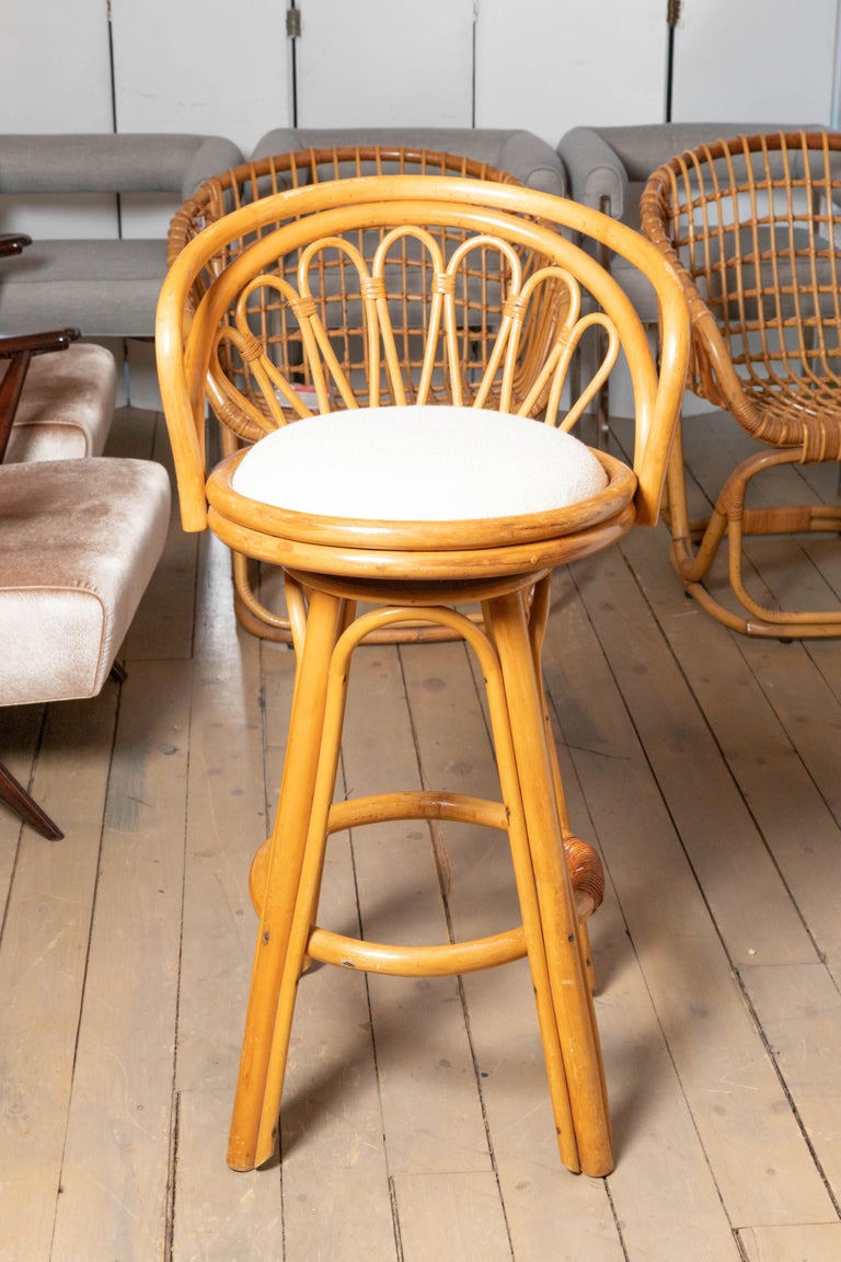 Set of Four-Seat Upholstered Swivel Rattan Bar Stools For Sale at 1stDibs