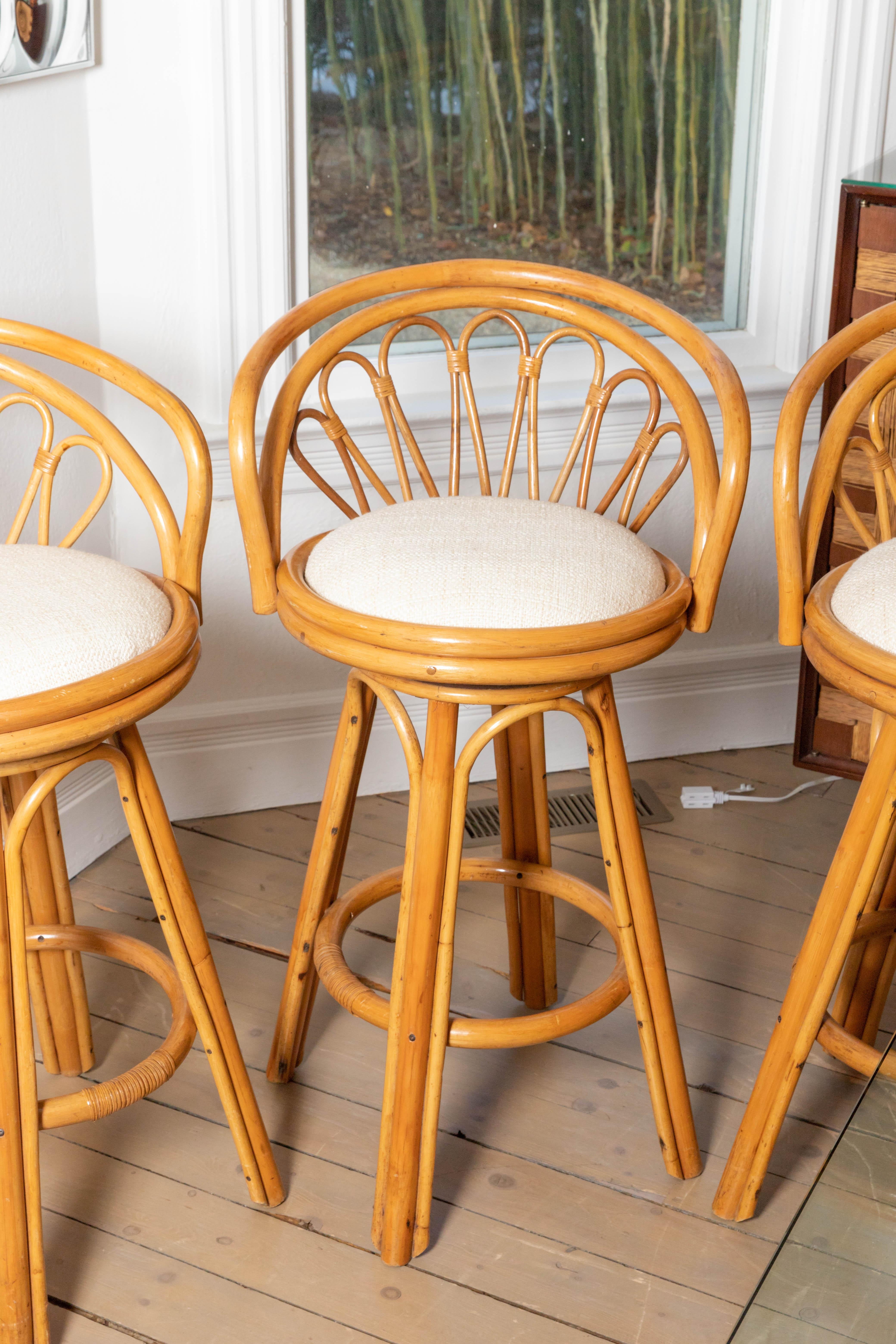 Set of Four-Seat Upholstered Swivel Rattan Bar Stools In Good Condition In Bridgehampton, NY