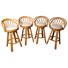 Vintage Set of Four-Seat Upholstered Swivel Rattan Bar Stools