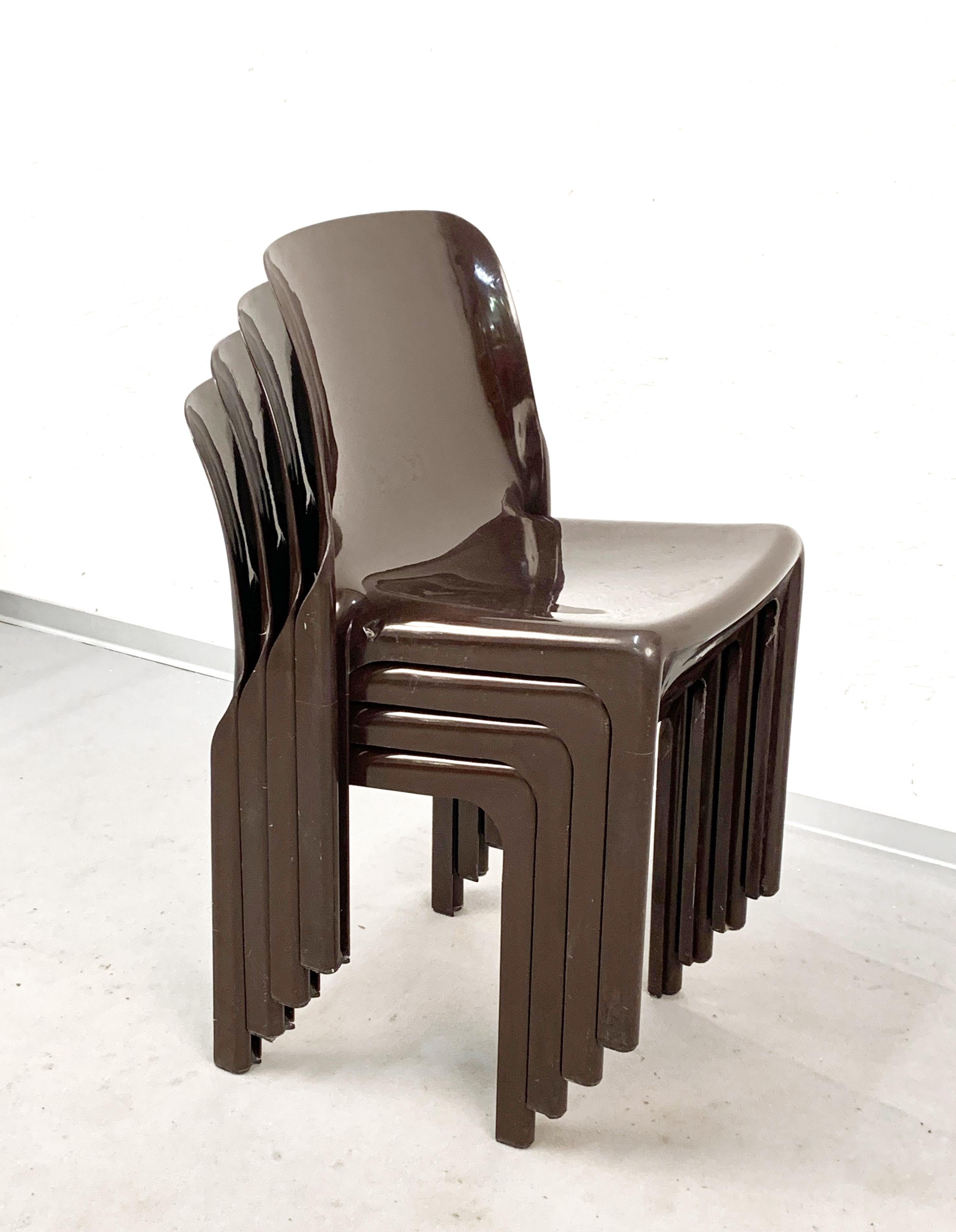 Plastic Set of Four Selene Chairs Brown by Vico Magistretti for Artemide, Italy, 1960s