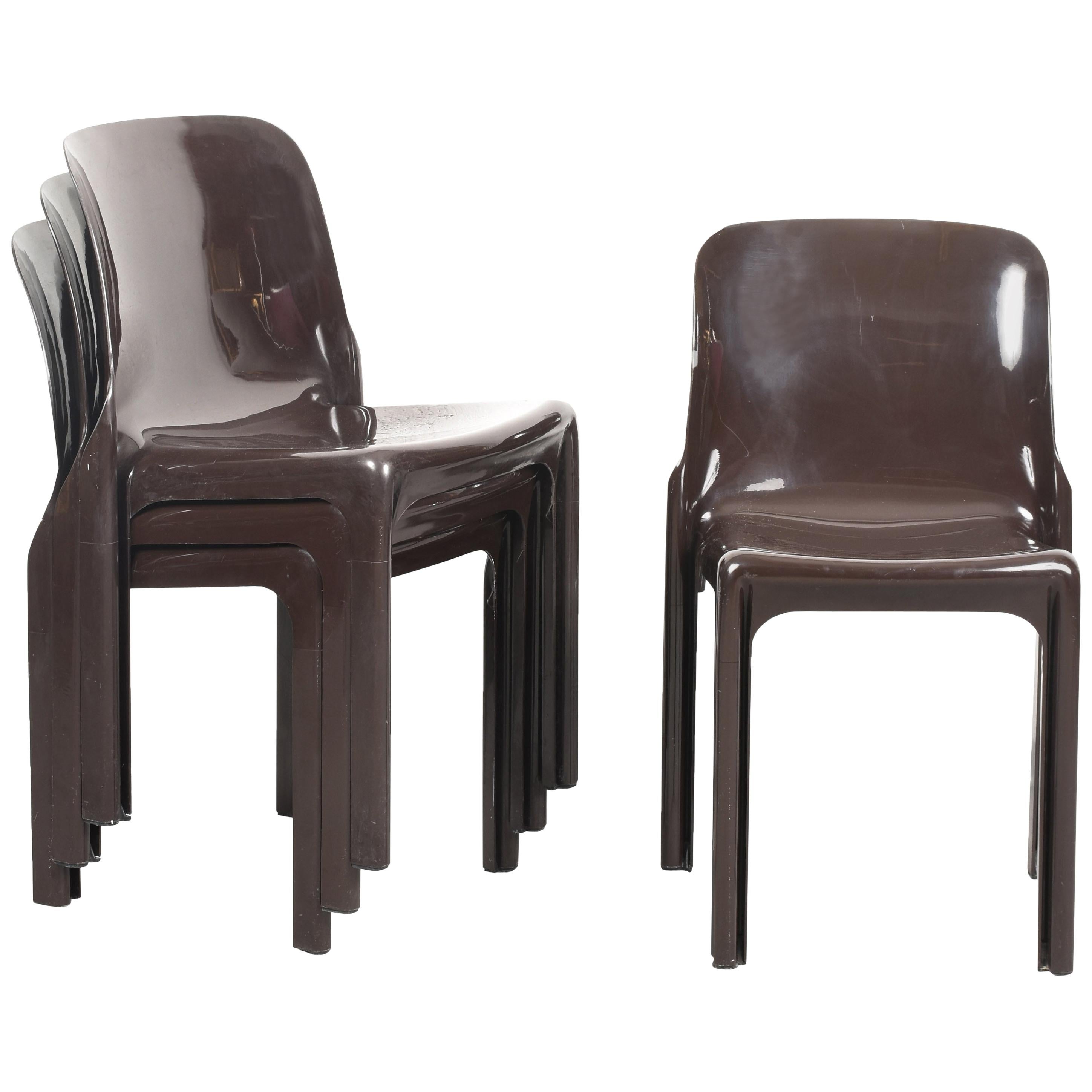 Set of Four Selene Chairs Brown by Vico Magistretti for Artemide, Italy, 1960s