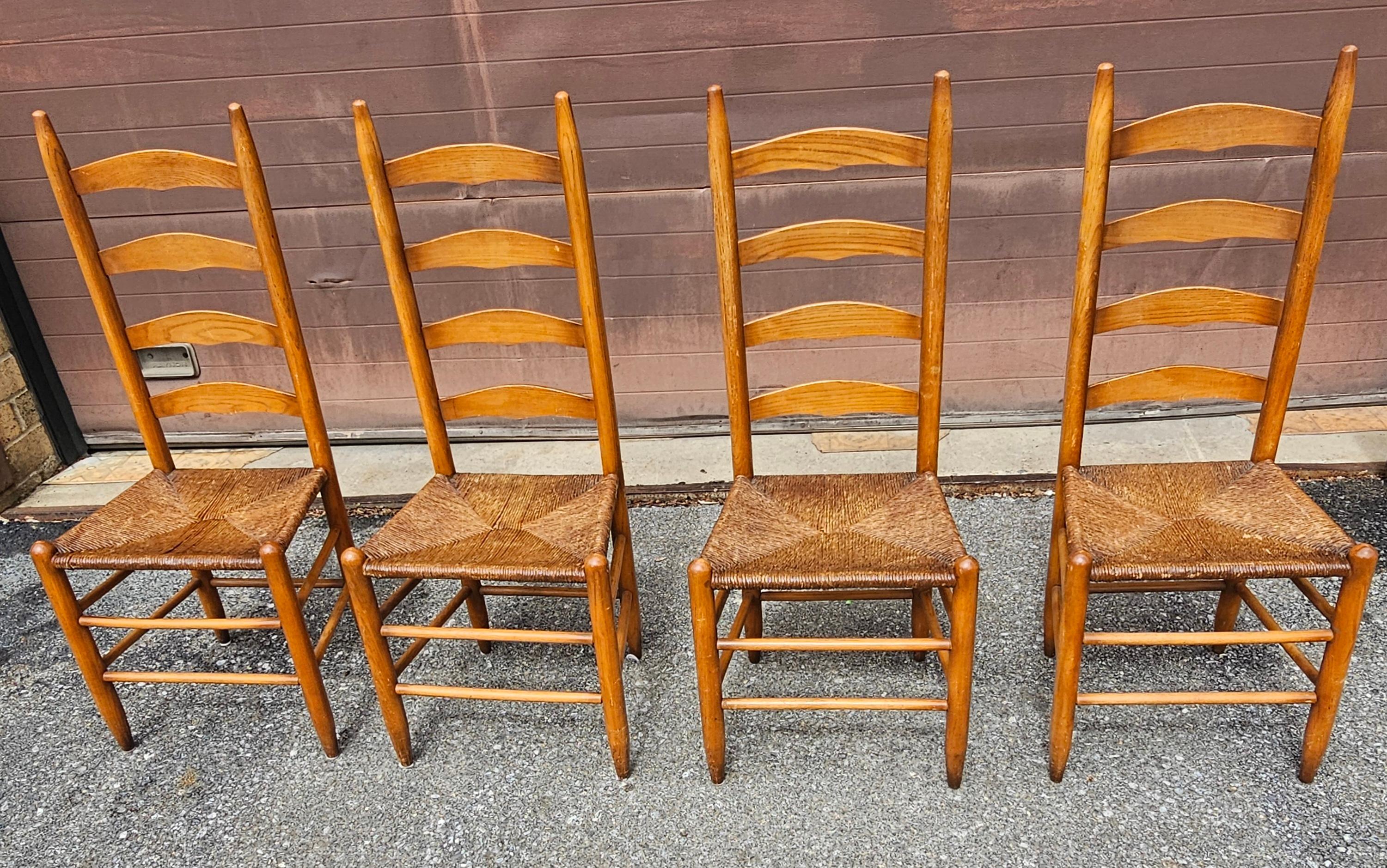 American Colonial Set of Four Shaker Style Maple Ladder Back with Rush Seats Dining Chairs For Sale