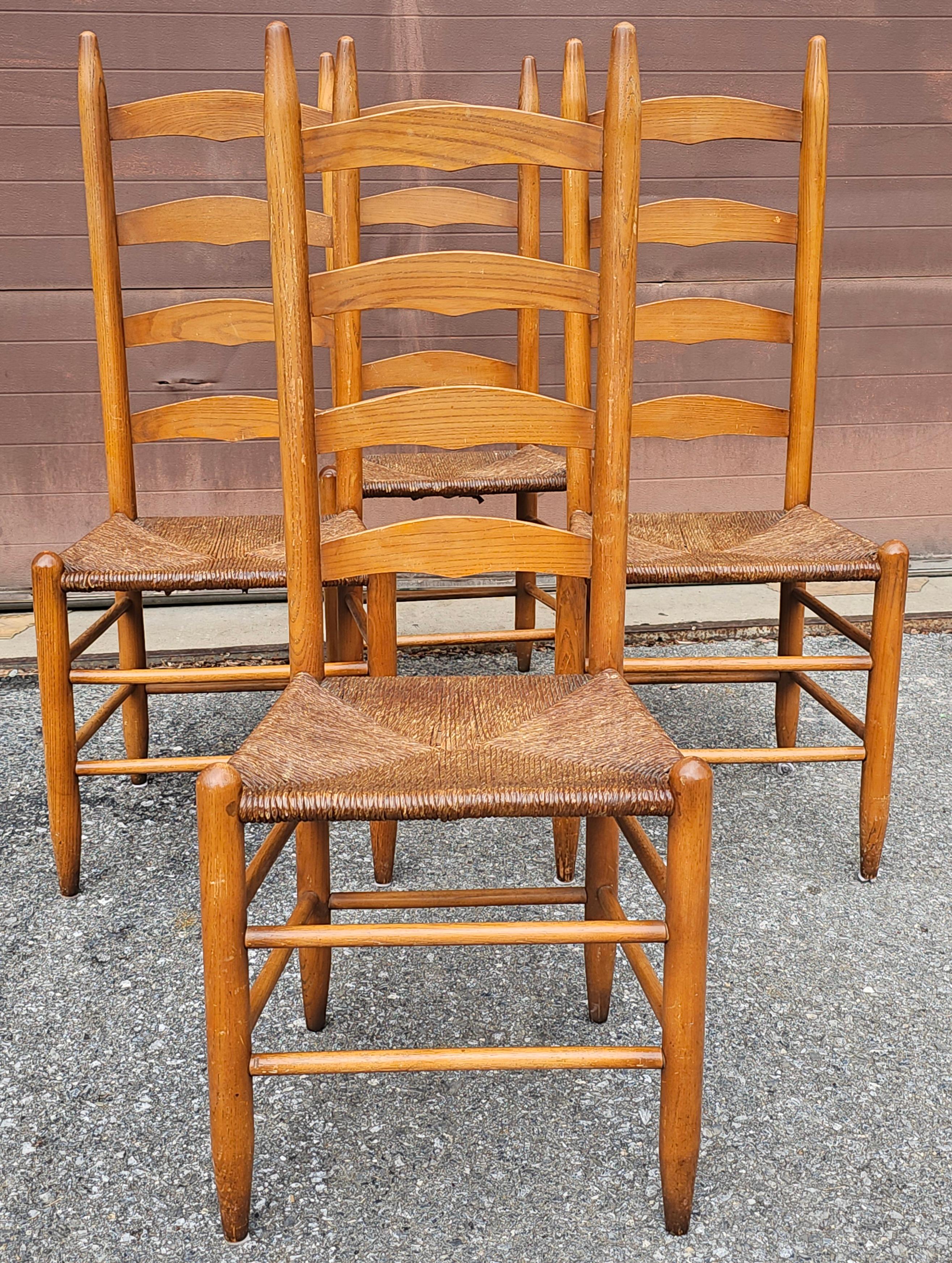American Set of Four Shaker Style Maple Ladder Back with Rush Seats Dining Chairs For Sale