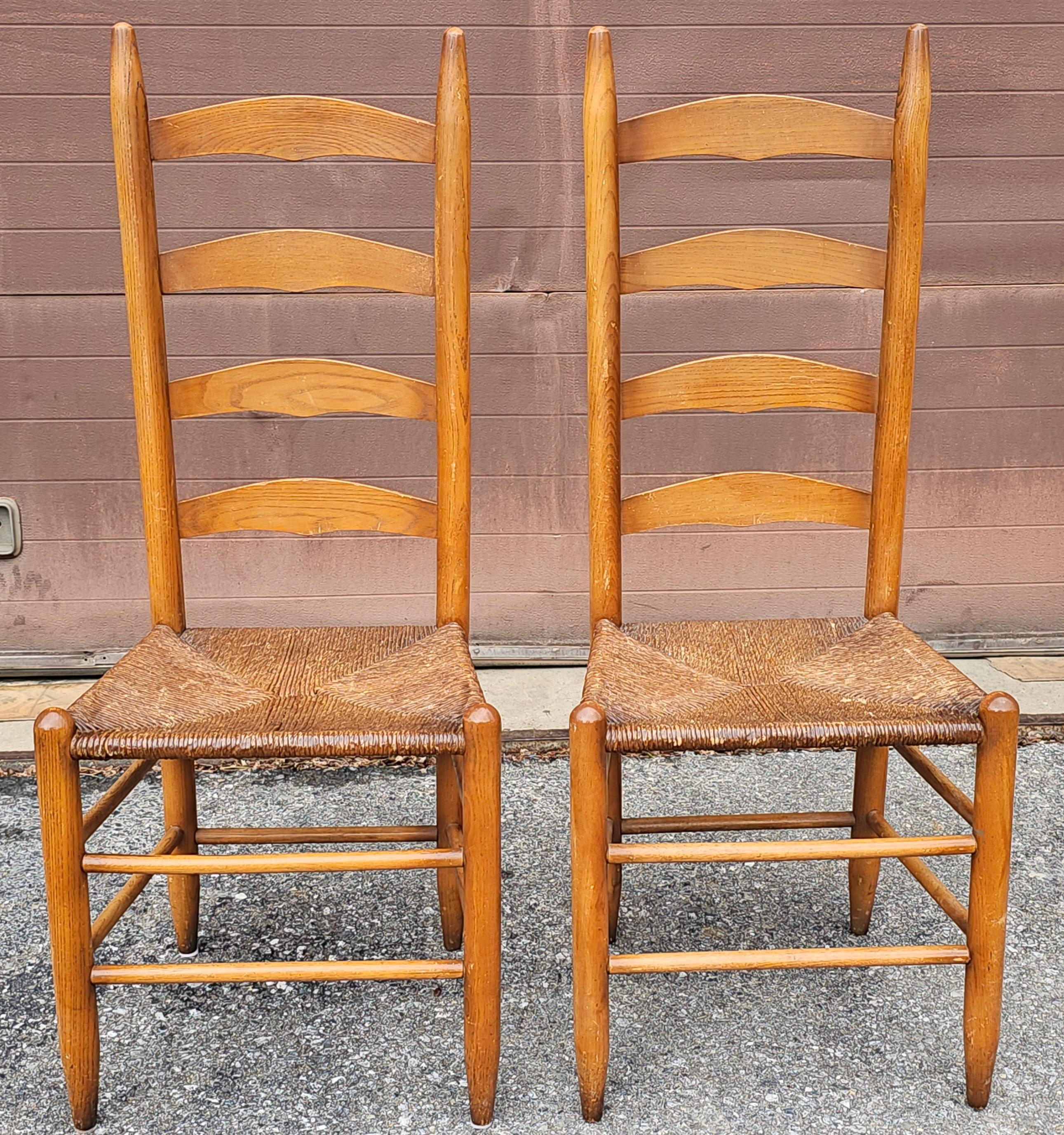 Set of Four Shaker Style Maple Ladder Back with Rush Seats Dining Chairs In Good Condition For Sale In Germantown, MD