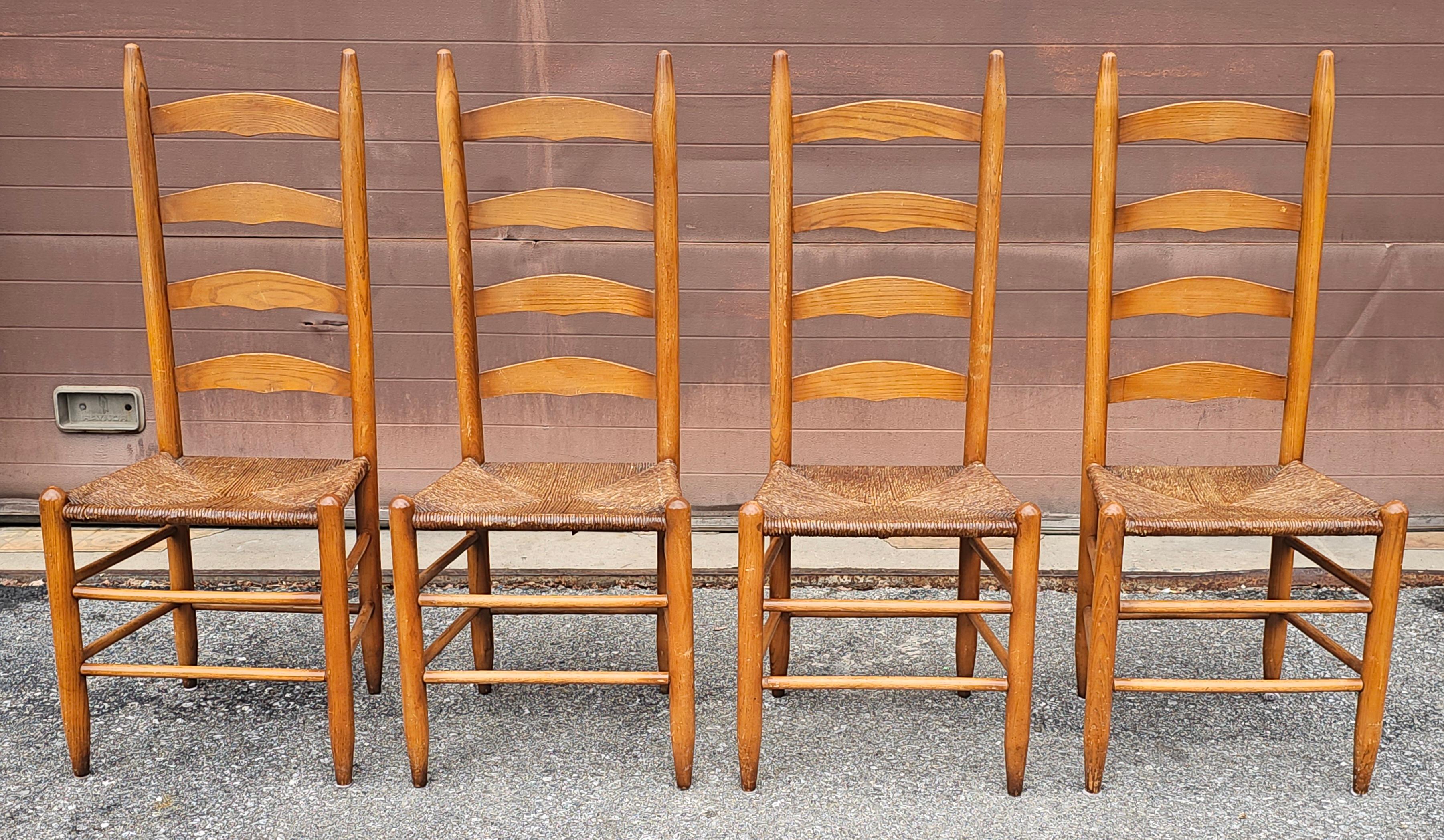 20th Century Set of Four Shaker Style Maple Ladder Back with Rush Seats Dining Chairs For Sale