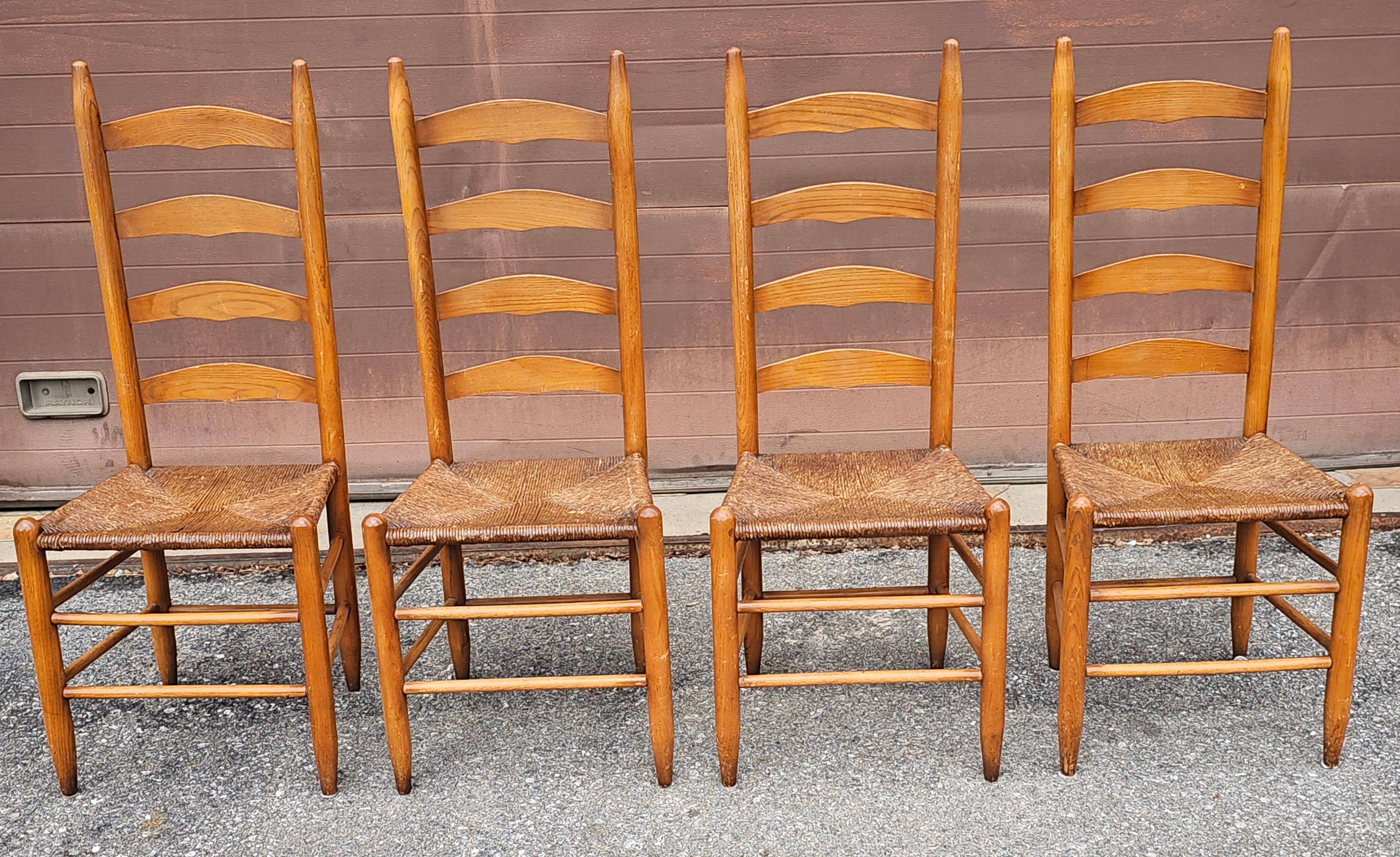 Set of Four Shaker Style Maple Ladder Back with Rush Seats Dining Chairs For Sale 1