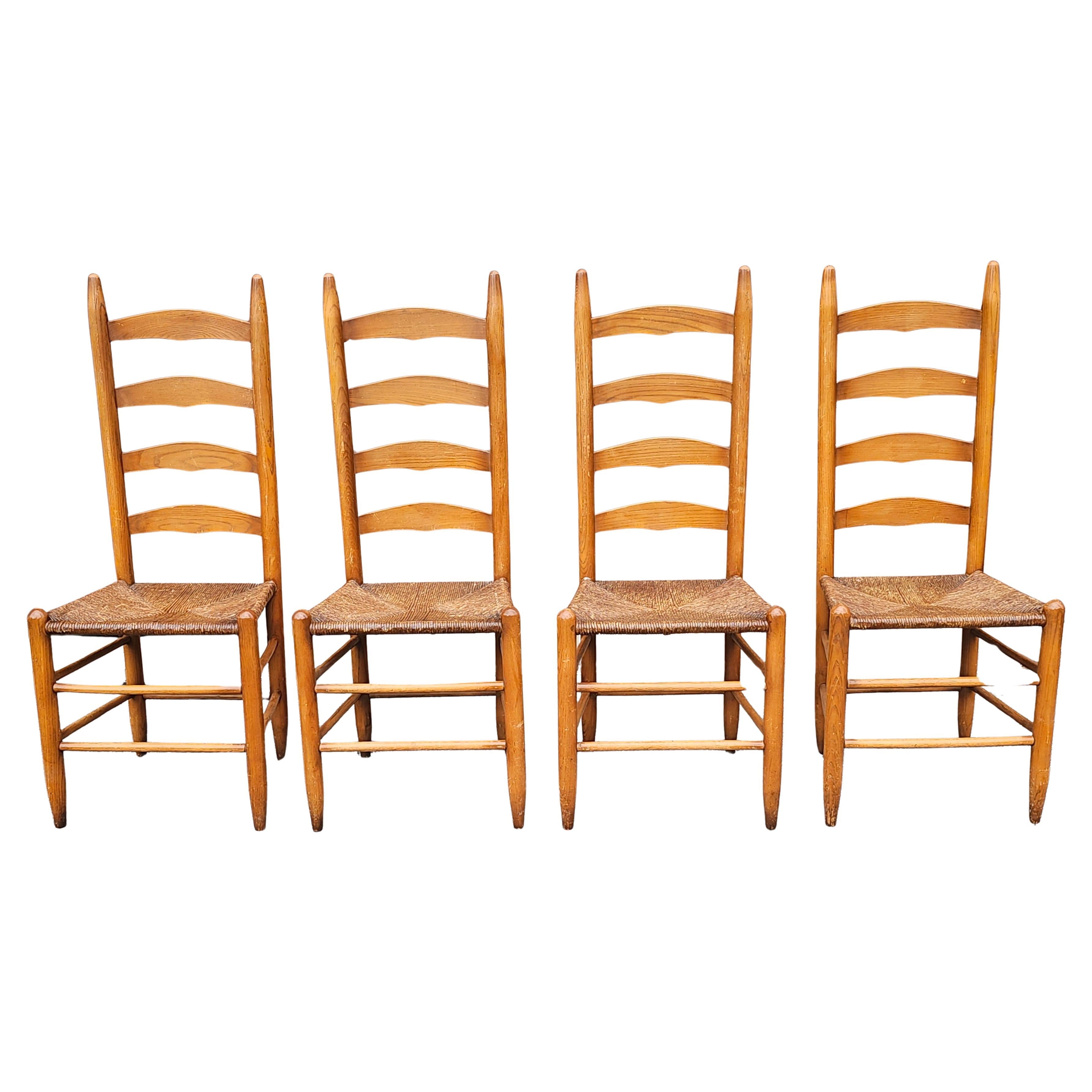 Set of Four Shaker Style Maple Ladder Back with Rush Seats Dining Chairs