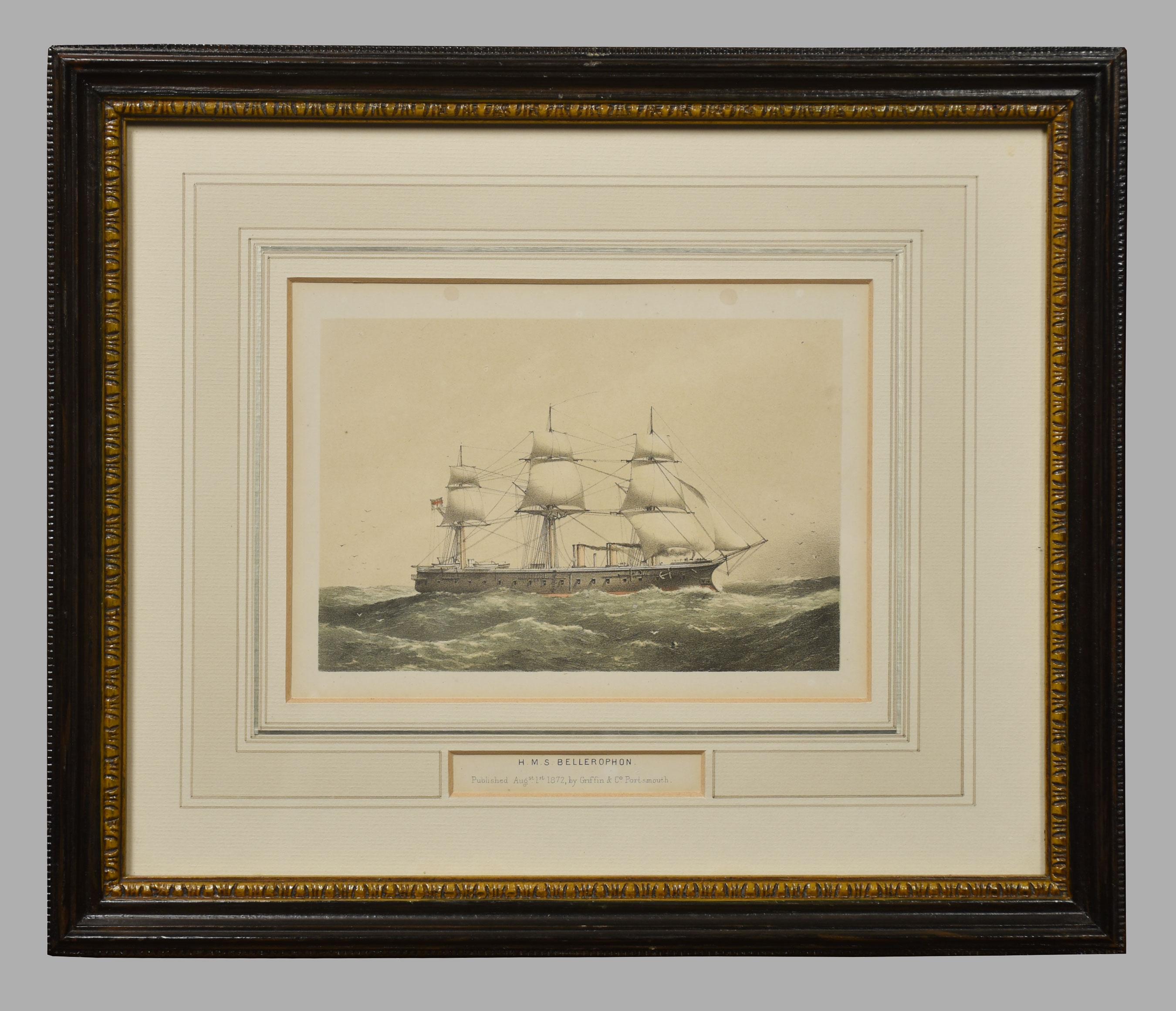 Set of four Ship lithographs, depicting the ships, Narcissus, Bellerophon, Monarch and Warrior, published by Griffin and Co. Encased in ebonised frames.
Dimensions
Height 12.5 inches
Width 14.5 inches
Depth 1 inches.