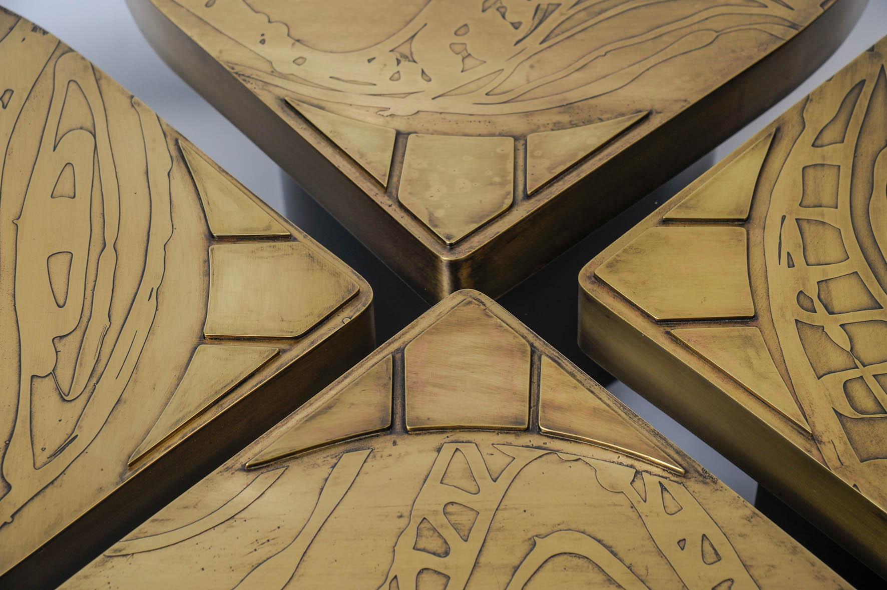 Set of Four Side Etched Brass Tables Attributed to Georges Mathias 1