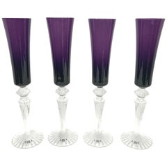 Retro Set of Four Signed Baccarat Mille Nuits Amethyst Champagne Flutes Glasses