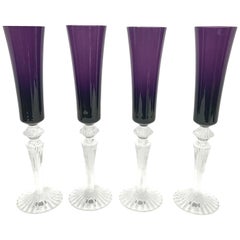 Set of Four Signed Baccarat Mille Nuits Amethyst Champagne Flutes Glasses