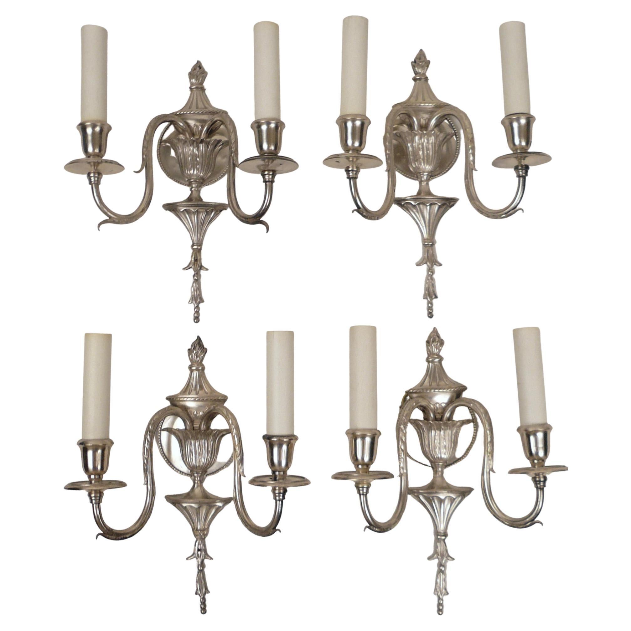 Set of Four Signed E. F. Caldwell Adam Style Silvered Bronze Sconces For Sale