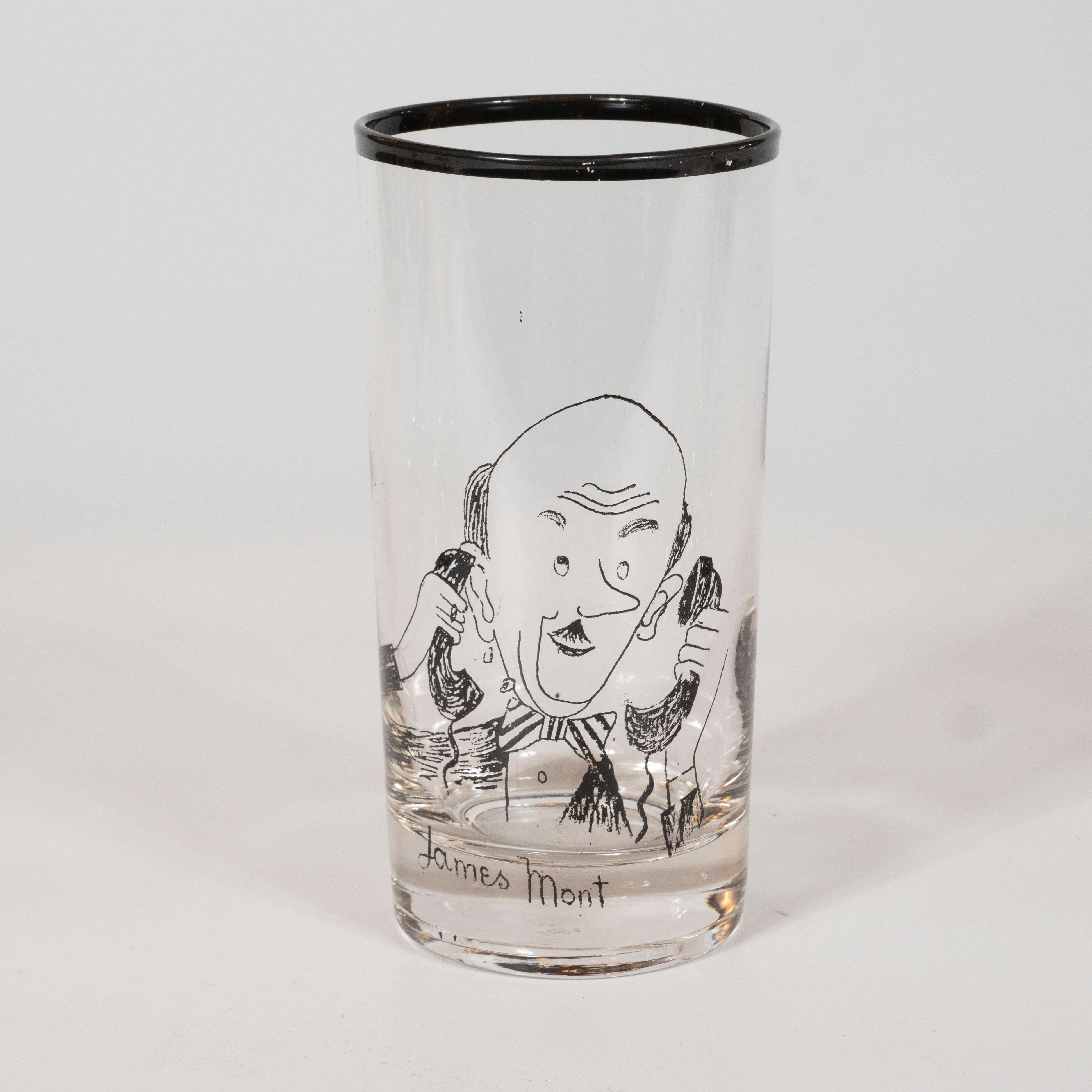 Set of Four Signed James Mont Black Drink Glasses with Hand Drawn Caricatures  For Sale 1