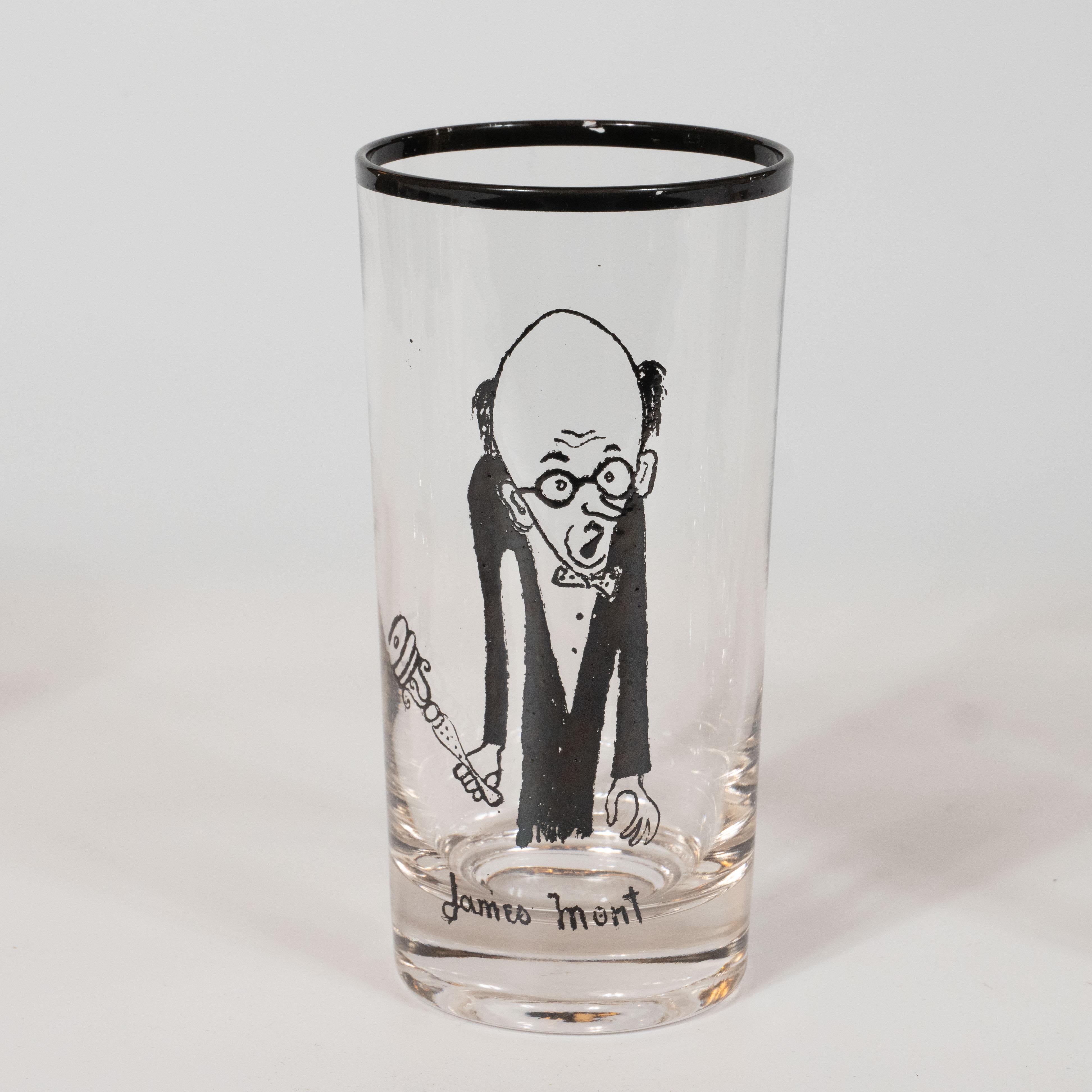 Set of Four Signed James Mont Black Drink Glasses with Hand Drawn Caricatures  For Sale 2