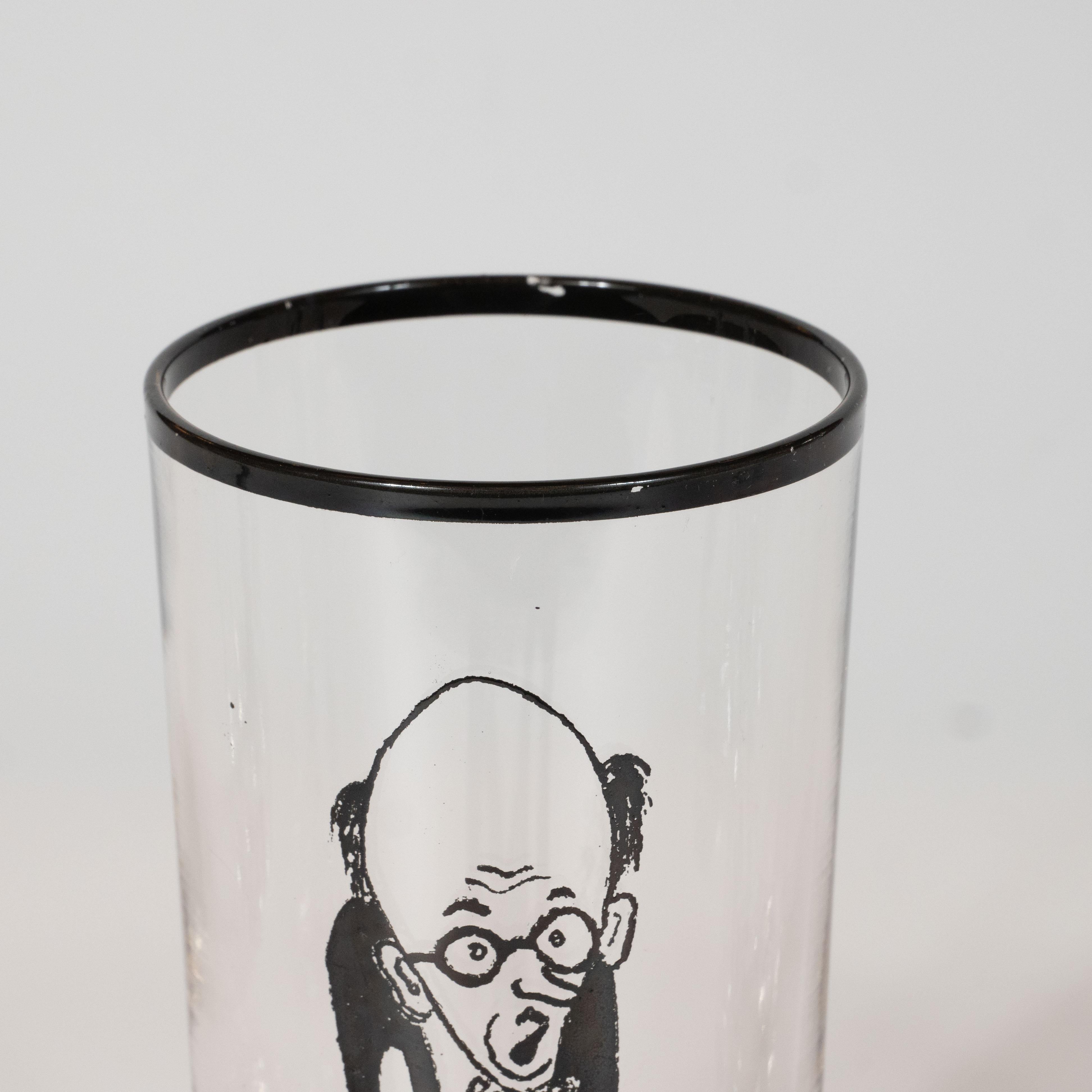 Ensemble de quatre verres à boire noirs signés James Mont avec des caricatures dessinées à la main en vente 5