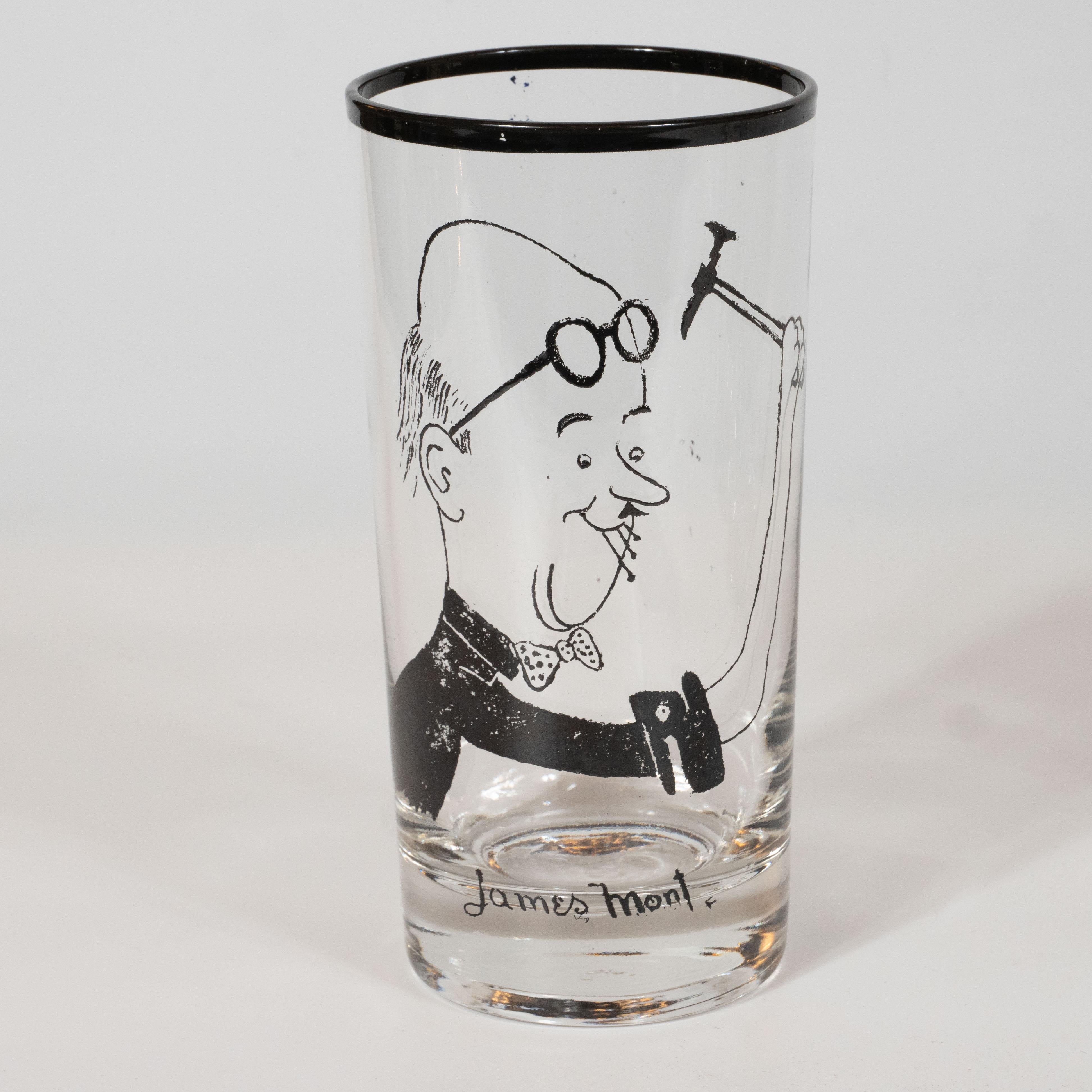 Ensemble de quatre verres à boire noirs signés James Mont avec des caricatures dessinées à la main en vente 6