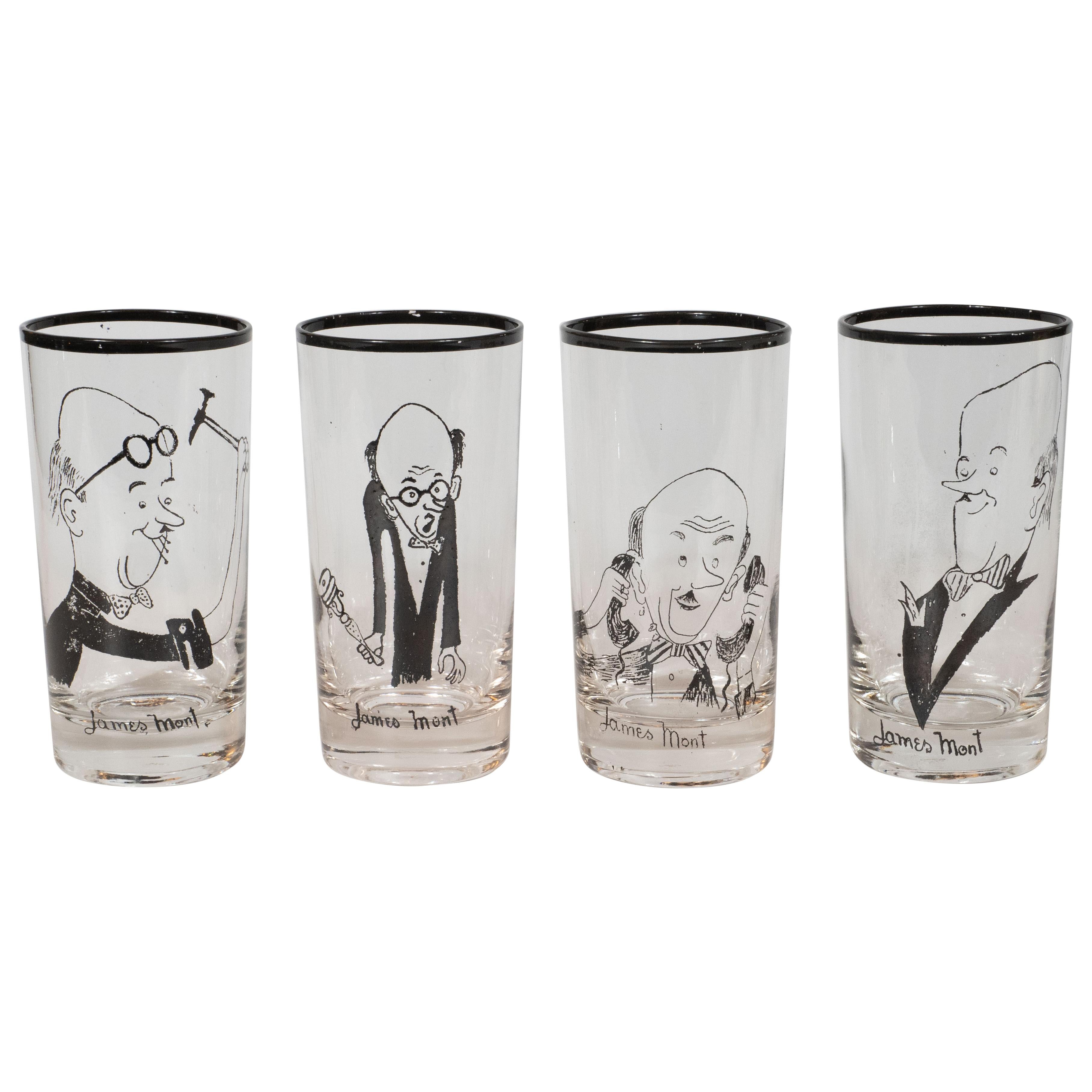 This whimsical and sophisticated set of James Mont glasses were realized by James Mont, circa 1960. Realized in translucent glass, these water glasses feature four unique hand drawn cartoons of the designer in caricature. On one of the glasses, he