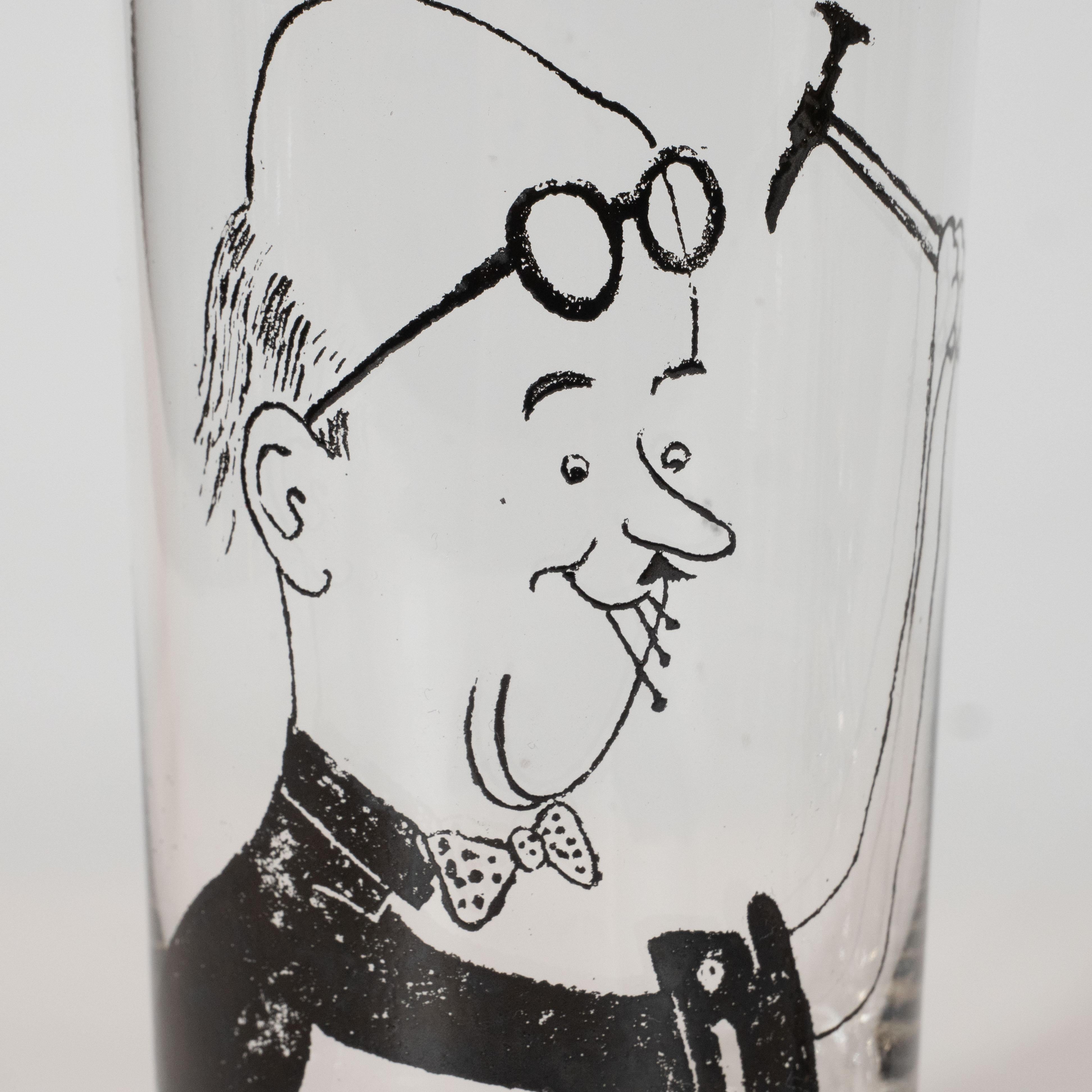 Mid-Century Modern Ensemble de quatre verres à boire noirs signés James Mont avec des caricatures dessinées à la main en vente